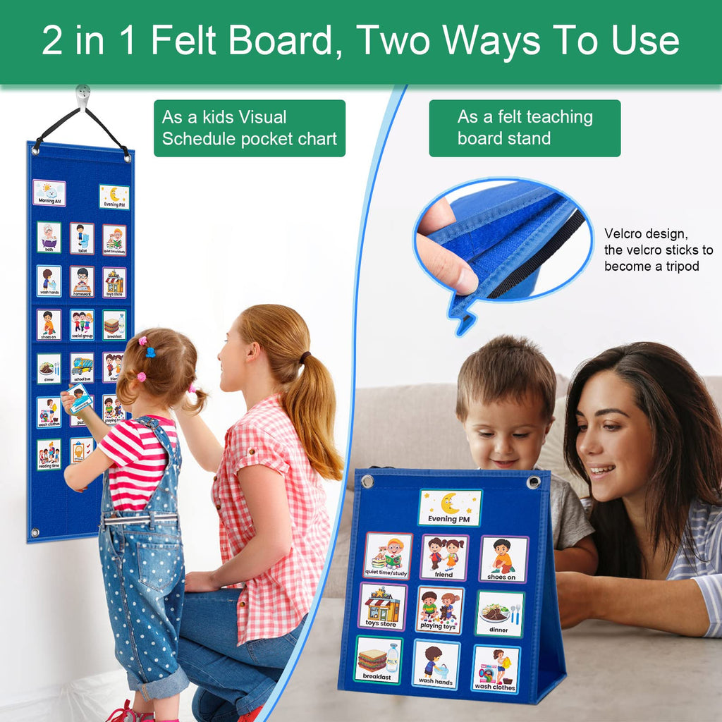KIKIGOAL Kids Visual Schedule Calendar Chart, 2 in 1 Autism Daily Chore Routine Chart with 70 Cards Autism Learning Materials Kids Visual Behavioral Tool Wall Planner for Home School