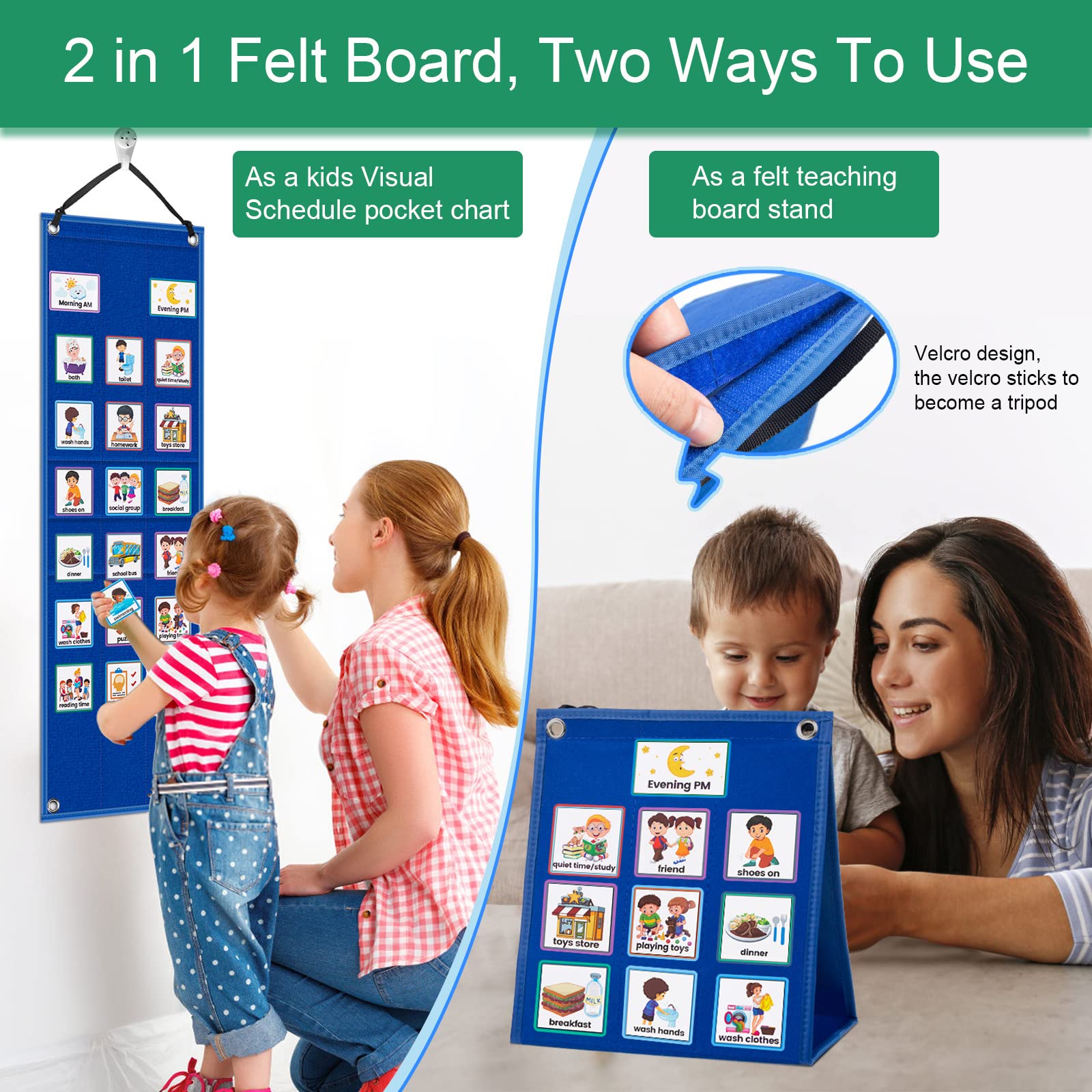 KIKIGOAL Kids Visual Schedule Calendar Chart, 2 in 1 Autism Daily Chore Routine Chart with 70 Cards Autism Learning Materials Kids Visual Behavioral Tool Wall Planner for Home School