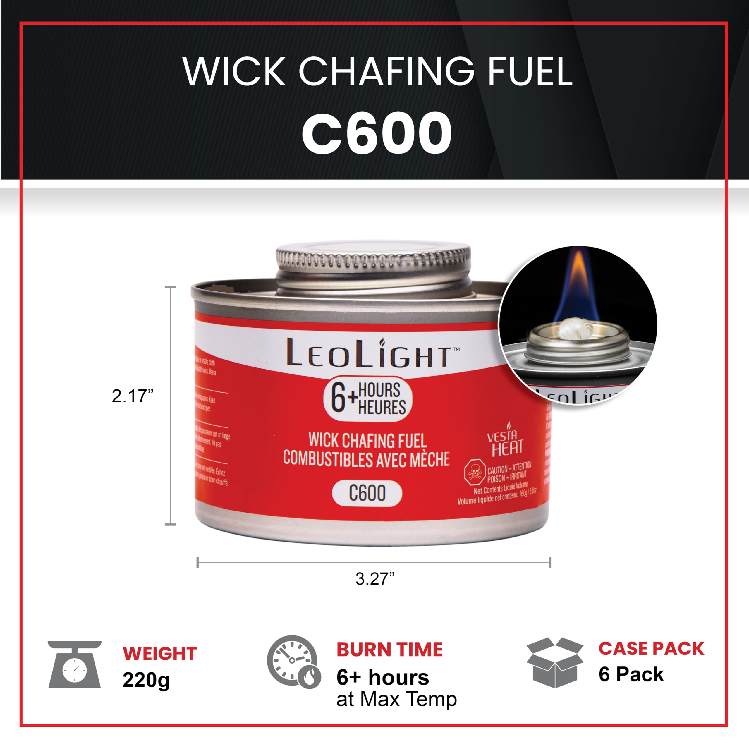 6 Pack Chafing Fuel 6 Hour Burn – Odorless, Smokeless & Spill-Proof Wick, 7.8oz Food Warmer Fuel for Chafing Dish Buffet Set & Catering Use, LeoLight