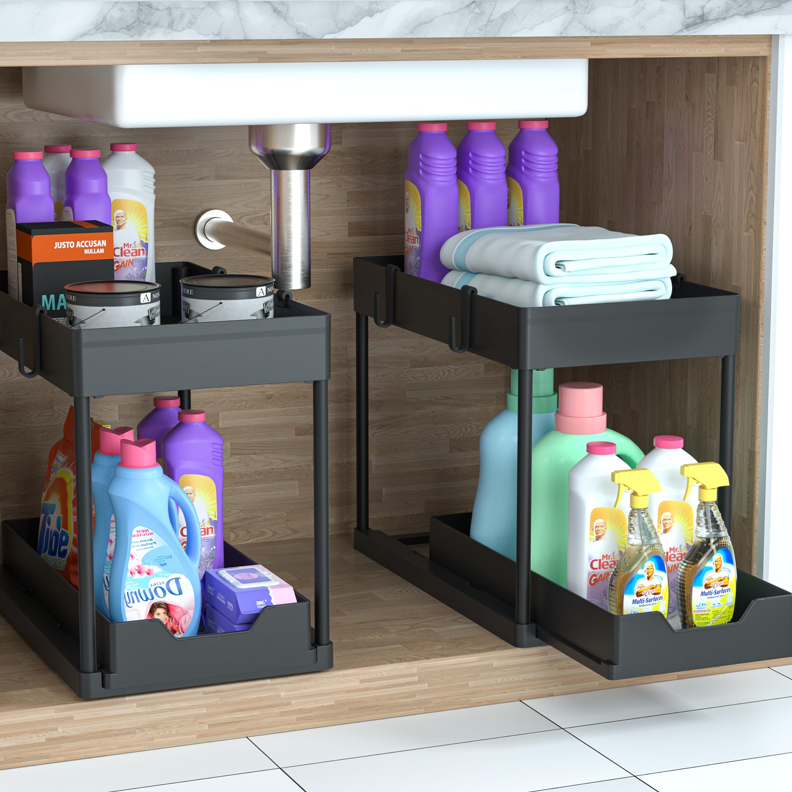 DEKAVA Under Sink Organizer 2 Pack, Bathroom Organizers, 2 Tier Sliding Cabinet Basket Organizer Drawer, Multi-Purpose Bath Collection Baskets for Bathroom (Black)