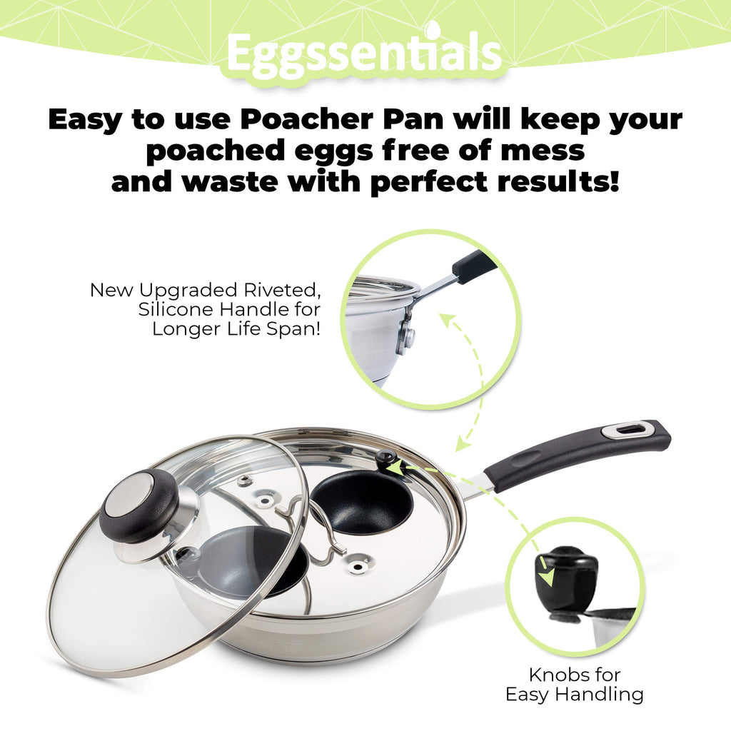 Eggssentials 2 Cup Egg Poacher, Stainless Steel, Non-stick PFOA Free with Spatula, Poached Egg Maker, Egg Poachers Cookware