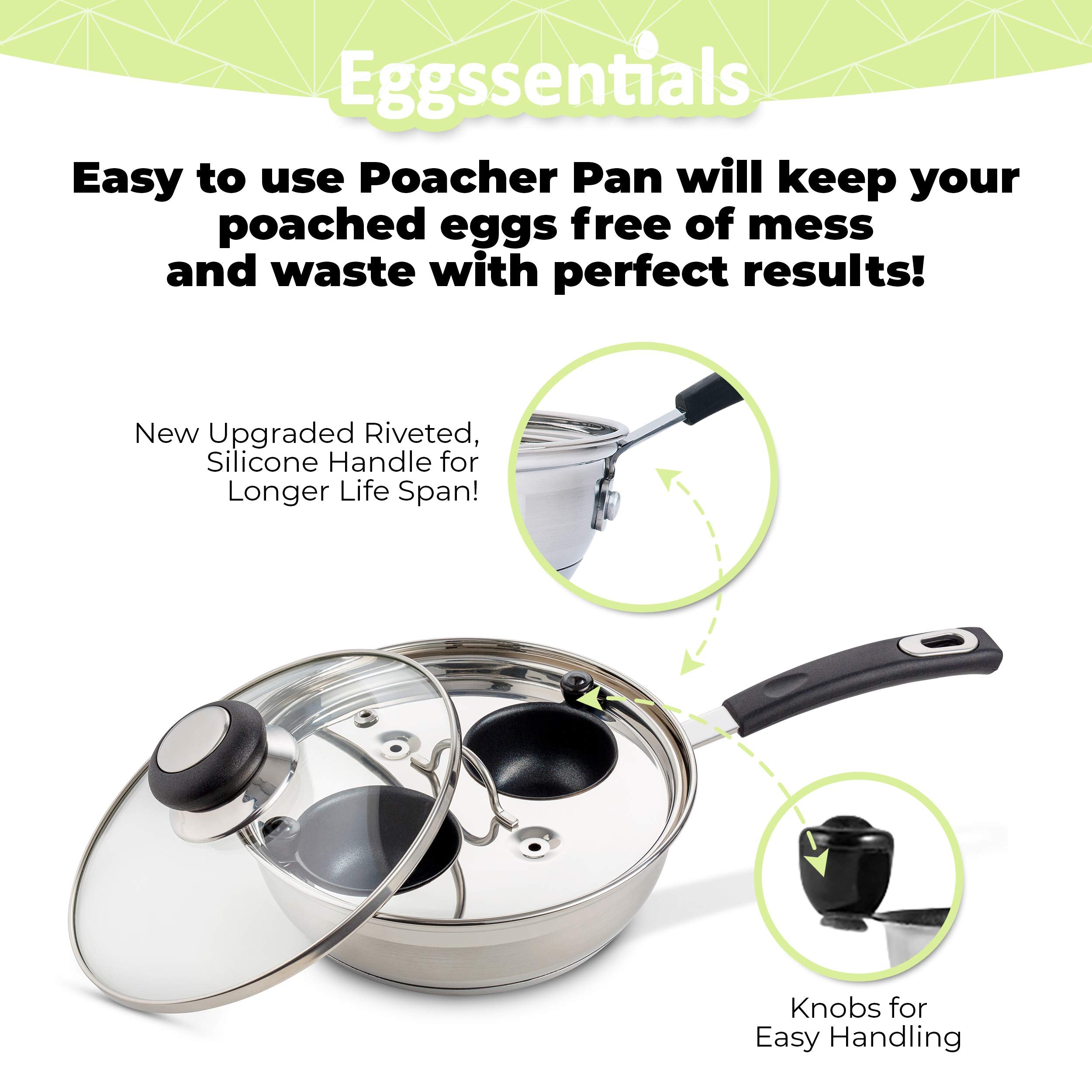 Eggssentials 2 Cup Egg Poacher, Stainless Steel, Non-stick PFOA Free with Spatula, Poached Egg Maker, Egg Poachers Cookware