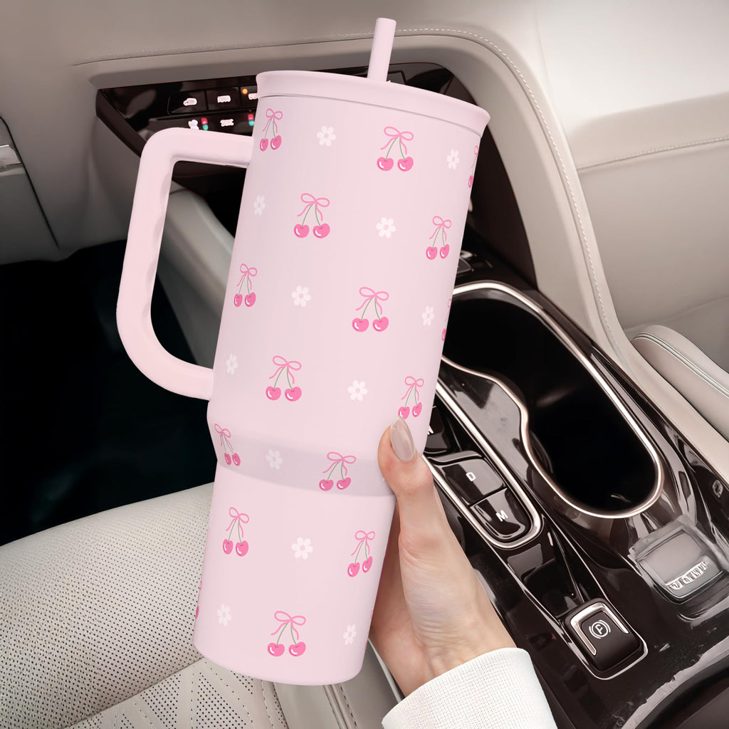 Cherry 40oz Slider Tumbler with Handle and Straw - Insulated Stainless Steel Travel Coffee Mug for Women Girls, Gift for Birthday Christmas