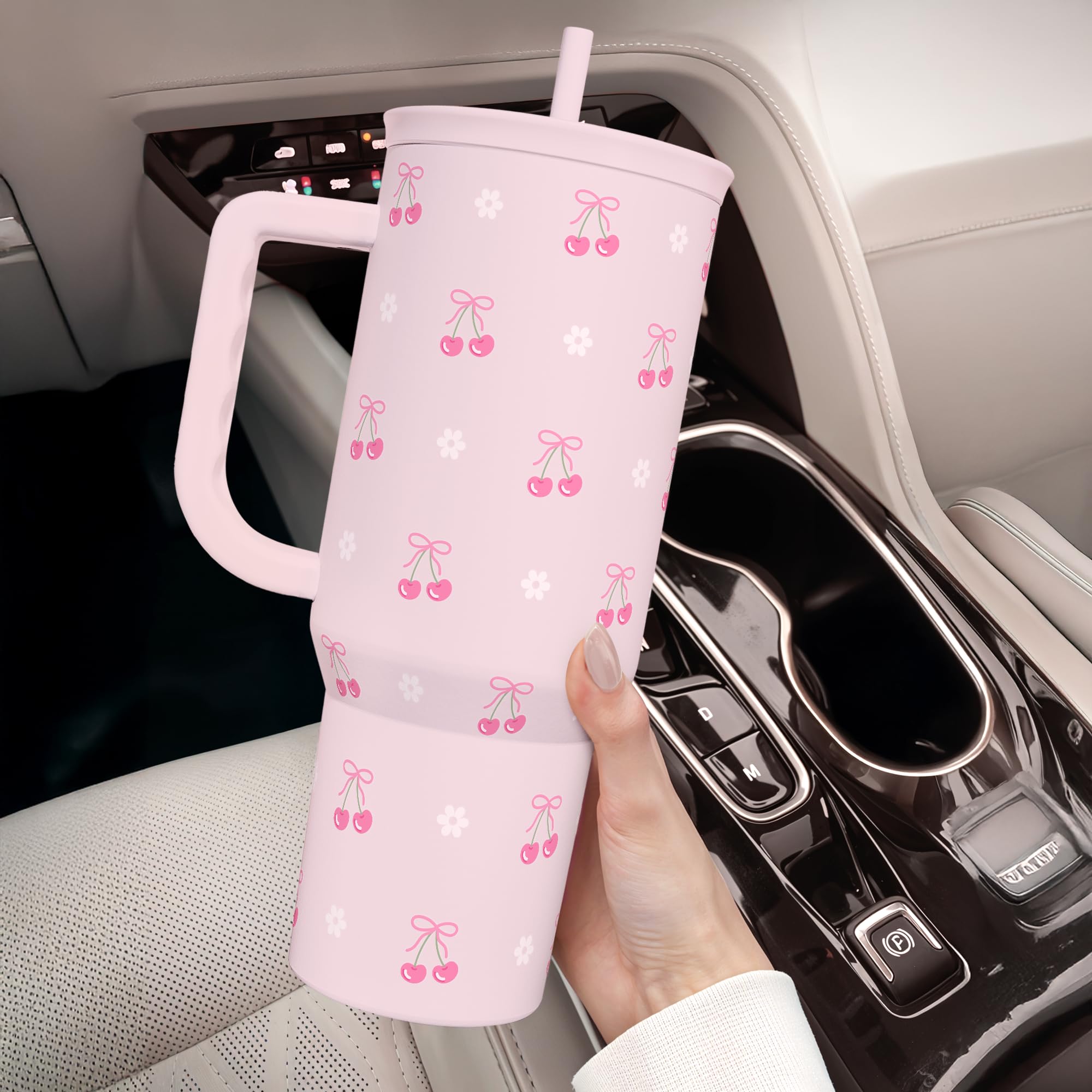 Cherry 40oz Slider Tumbler with Handle and Straw - Insulated Stainless Steel Travel Coffee Mug for Women Girls, Gift for Birthday Christmas