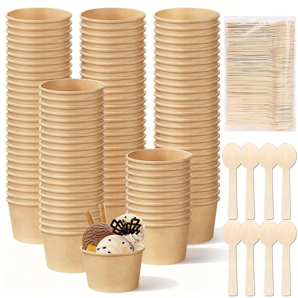 100 Pack Ice Cream Bowls, Kraft Paper Dessert Cups with Wooden Spoons, Disposable Sundae Bowls, Ice Cream Containers for Cold and Hot Food, Sundae Bar, Birthday, Graduation, Party Supplies