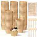 100 Pack Ice Cream Bowls, Kraft Paper Dessert Cups with Wooden Spoons, Disposable Sundae Bowls, Ice Cream Containers for Cold and Hot Food, Sundae Bar, Birthday, Graduation, Party Supplies