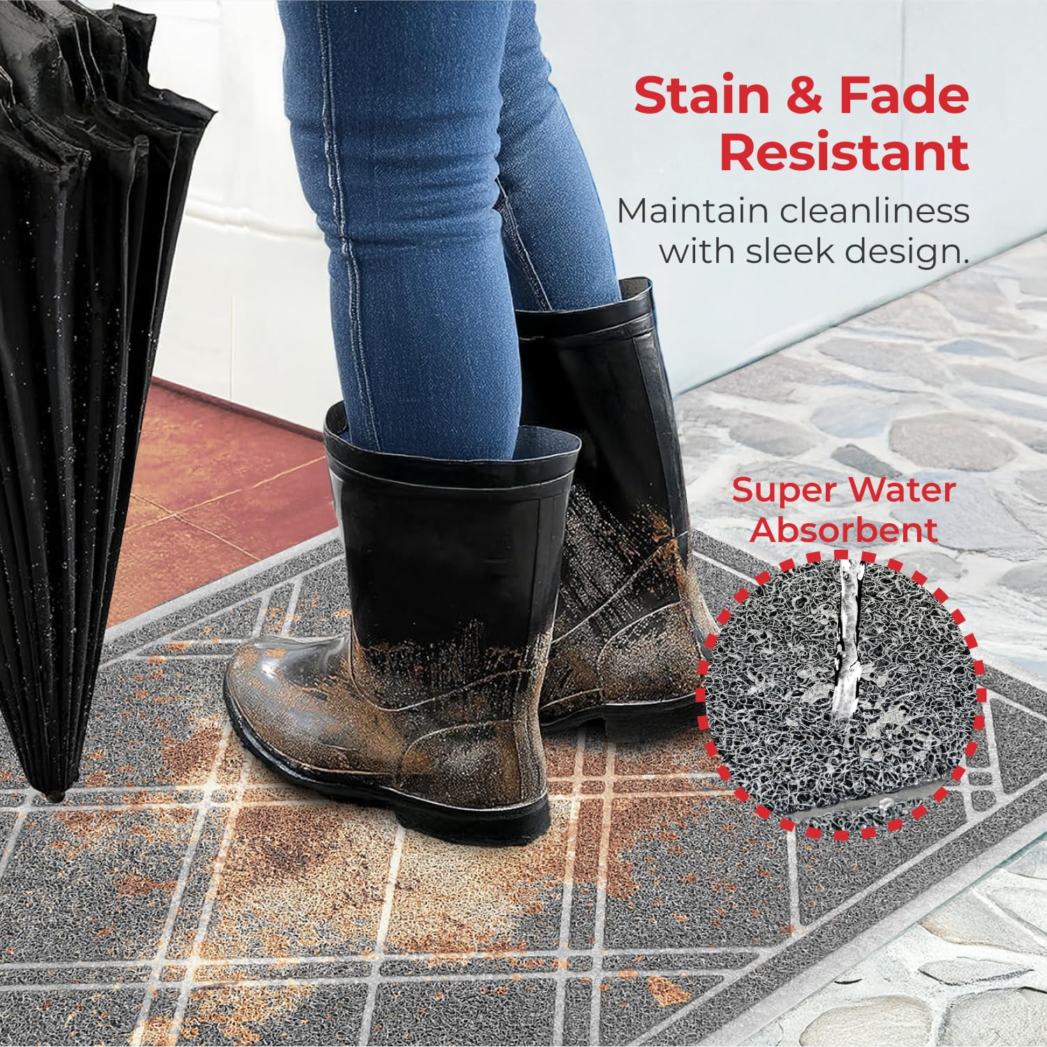 SlipToGrip Universal Plaid Door Mat - XL 42 x35 Inch Low-Profile Grey Entryway Rug with DuraLoop - Waterproof Indoor and Outdoor Welcome Mat for Front Door, Garage, Patio, Mudroom