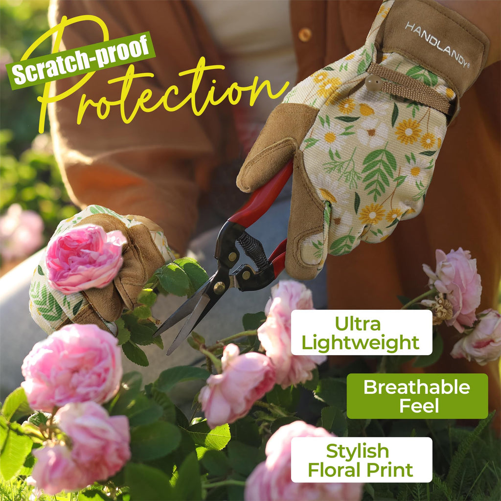 HANDLANDY Gardening Gloves for Women, Breathable Ladies Thorn Proof Leather Garden Yard Gloves Best Gift for Gardeners
