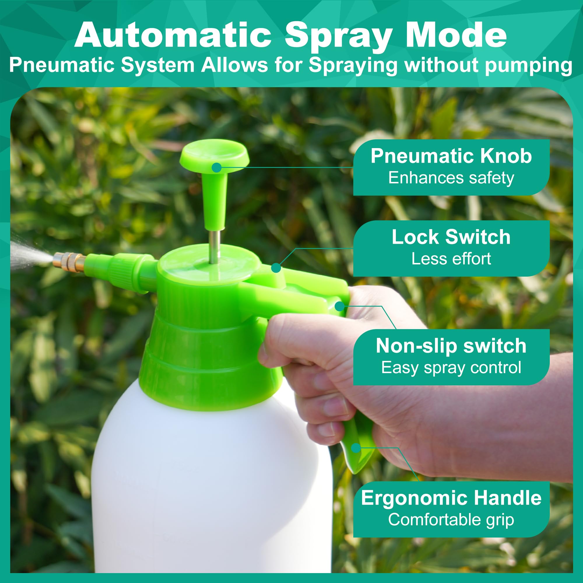 MaxWorks 51021 Hand Pump Sprayer Bottle 2L 0.5 Gal for Garden Indoor Outdoor Home with Adjustable Brass Nozzle of Mist Setting with Lock Switch