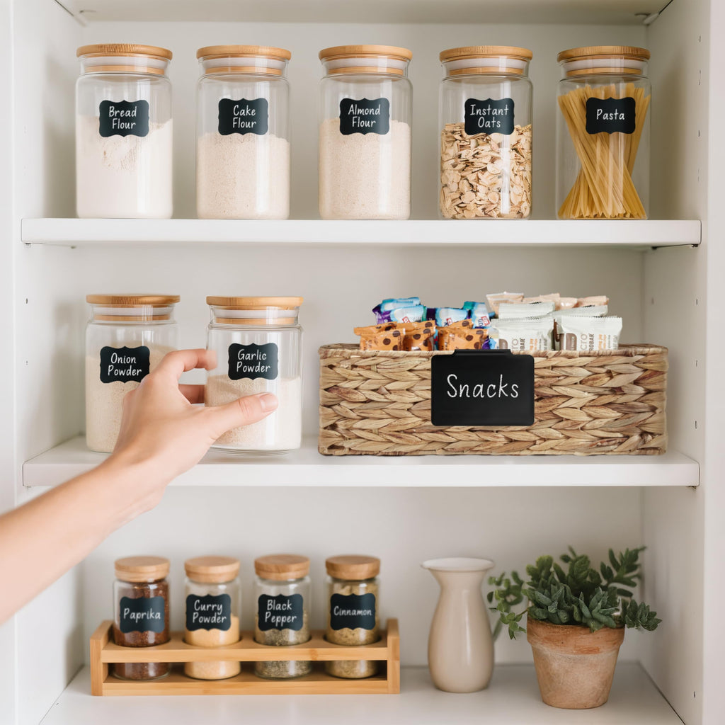 DECOMOMO Labels for Storage Bins – 20 Clip on Chalkboard Labels & 32 Removable Sticker Labels with White Chalk Marker