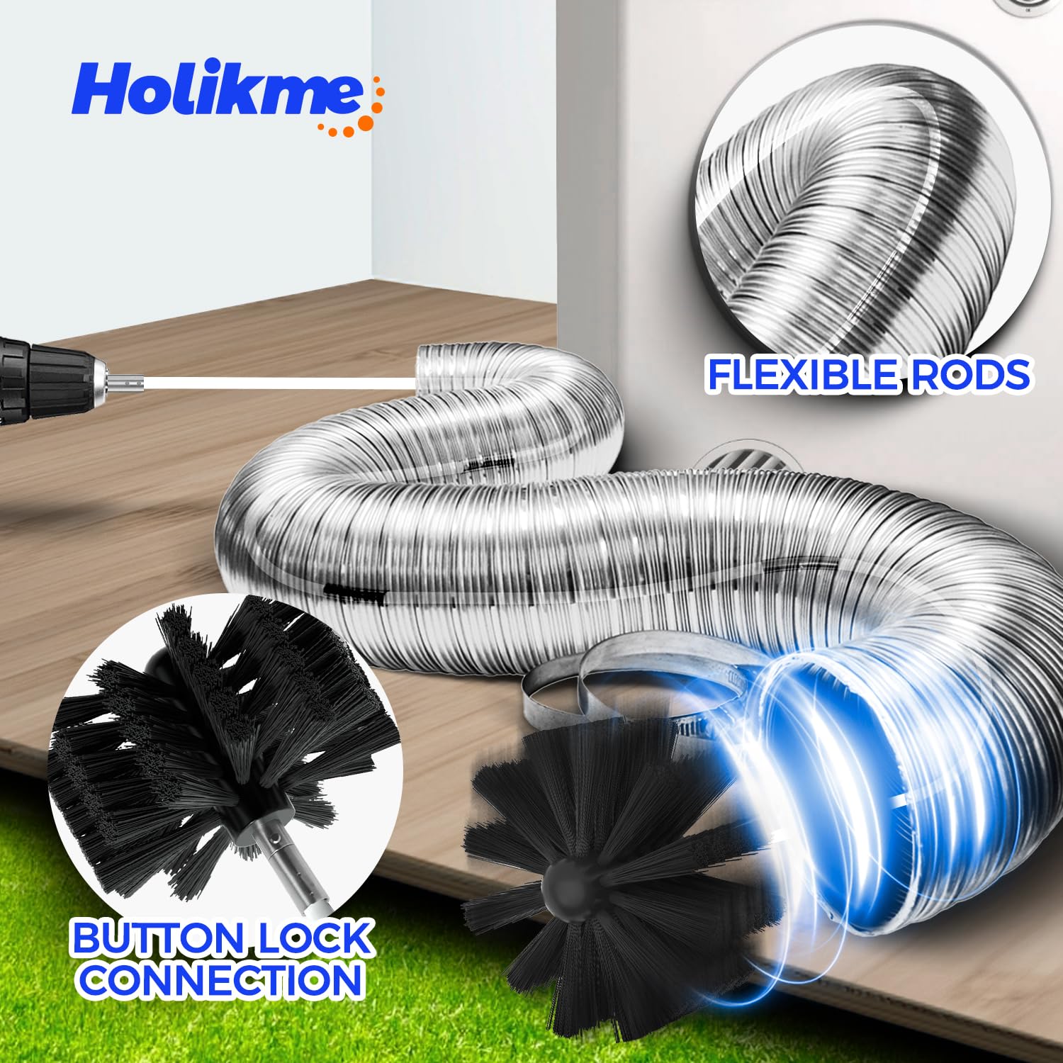 Holikme 15 Feet Dryer Vent Cleaning Brush, Lint Remover, Extends Up to 15 Feet, Synthetic Brush Head, Use with or Without a Power Drill