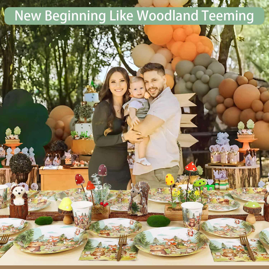 Woodland Baby Shower Decorations Plates Set 25 Guests, 125 Pcs Paper Plates Napkins Cups Cutlery Forest Animals Theme Birthday Decorations Tableware