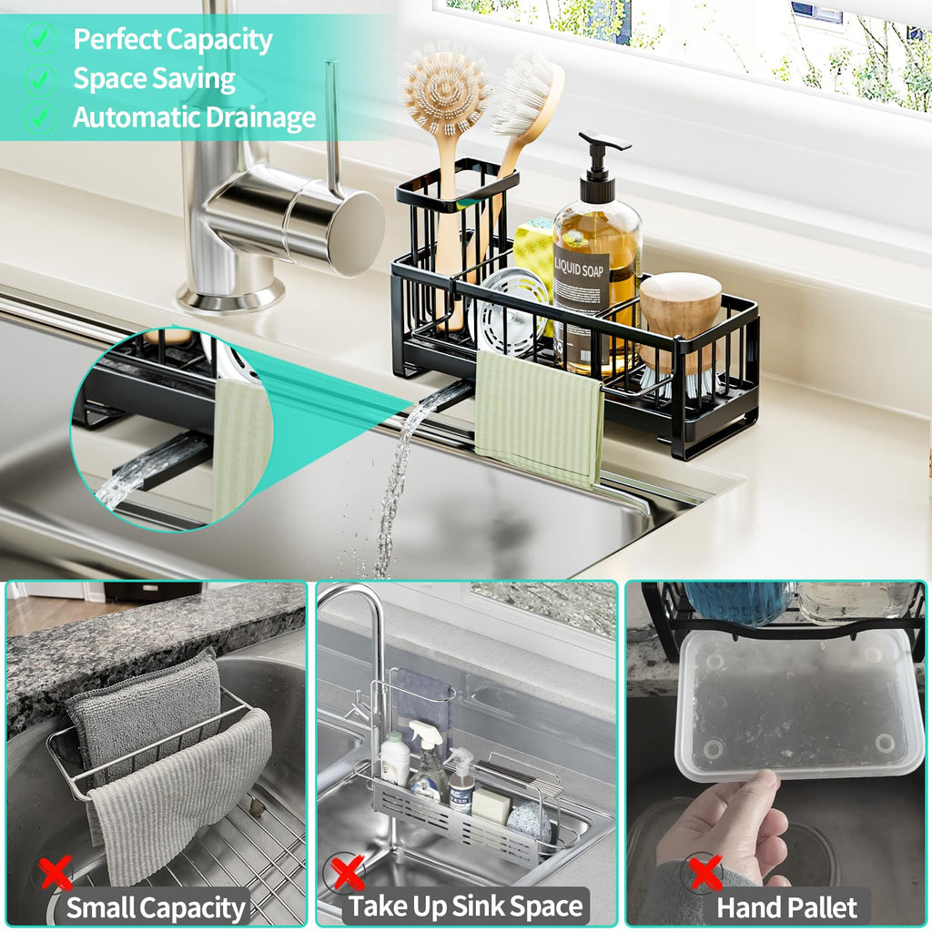 HapiRm Sponge Holder for Kitchen Sink - Self-draining Sink Caddy with Brush and Dishcloth Holders, Stainless Steel Kitchen Organizer for Countertop - Black