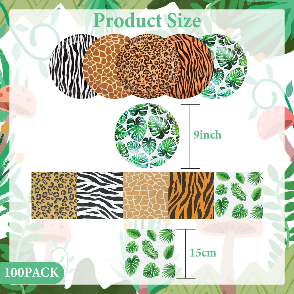 YYBD 100Pcs Jungle Safari Wild Animal Party Supplies Disposable Jungle Zoo Animal Print Paper Plates and Napkins Forest Animals Dessert Plates for Leopard Zebra Baby Shower Birthday Theme Decorations