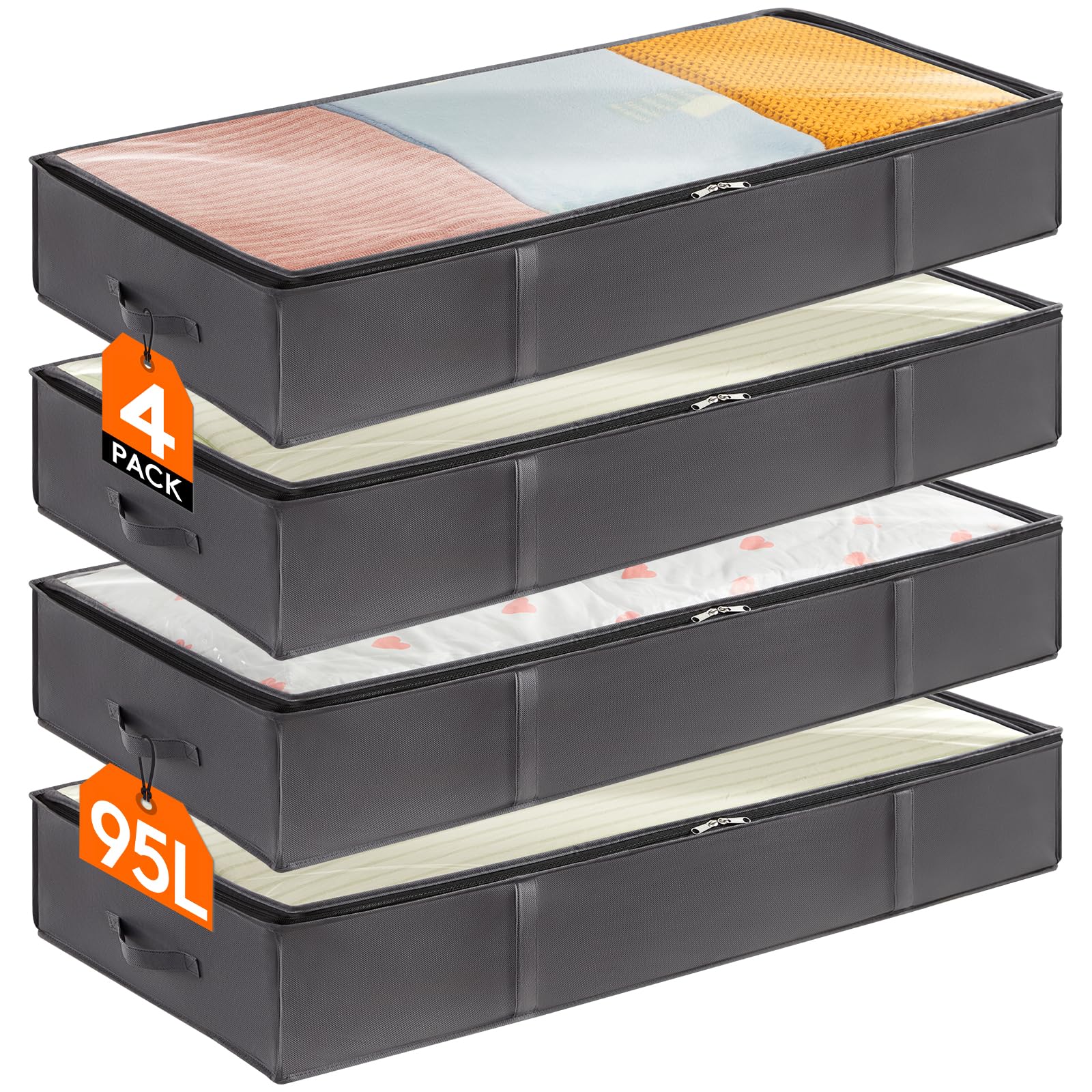 Lifewit 4 Pack 95L Under Bed Storage Bins, Foldable Closet Organizers and Storage Containers,Underbed Storage Bags with Reinforced Handle for Blanket,Clothing,Comforter, Sheets,Wrapping Paper, Grey