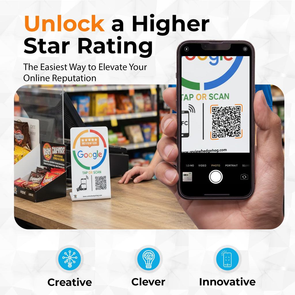 Google Review Tap Card Stand & QR Code Sign – Reusable NFC, No App or Subscription, iPhone & Android Compatible – Acrylic Counter Display to Boost Google Reviews for Business