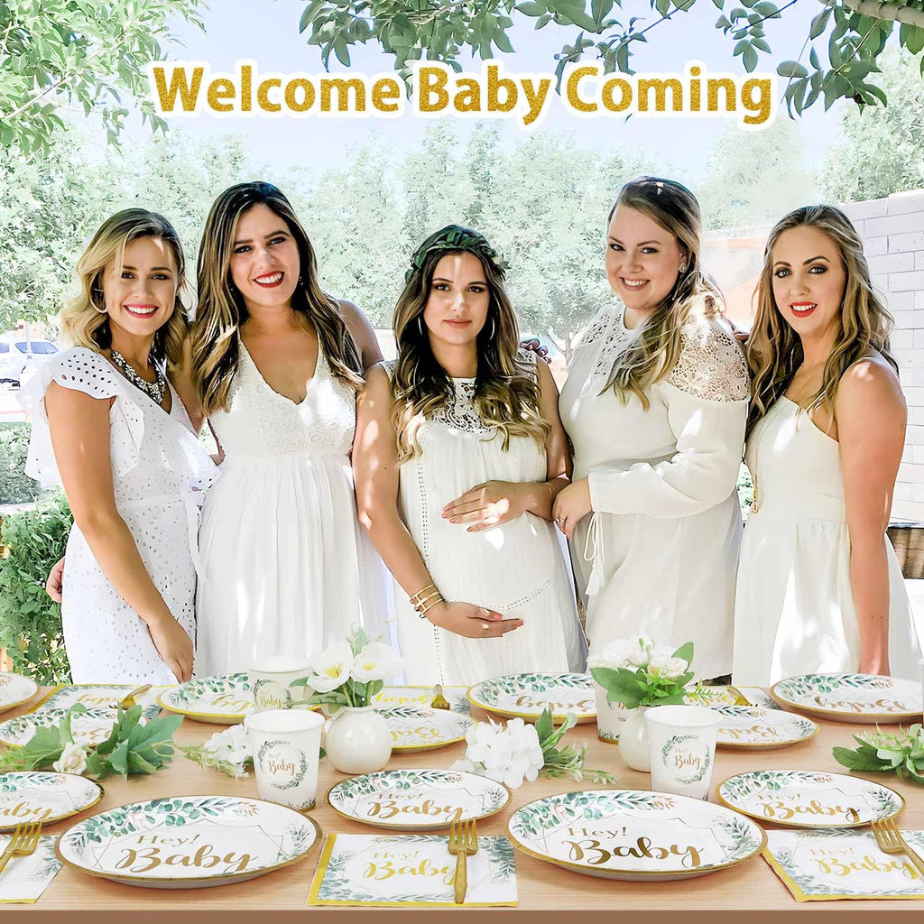125pcs Sage Green Baby Shower Decorations for Boy or Girl - Neutral Tableware Set for 25 Guests | Eucalyptus Gold Foil Plates Cups and Napkins Straws Cutlery for Welcome Baby Fille Party Supplies