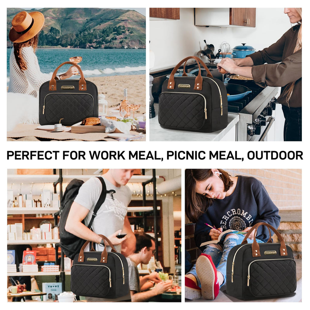 HOMESPON Lunch Bag for Woman Man Adults with Front Pocket Insulated Lunch Tote Lunch Box Container for Work Picnic or Travel(Golden Black)