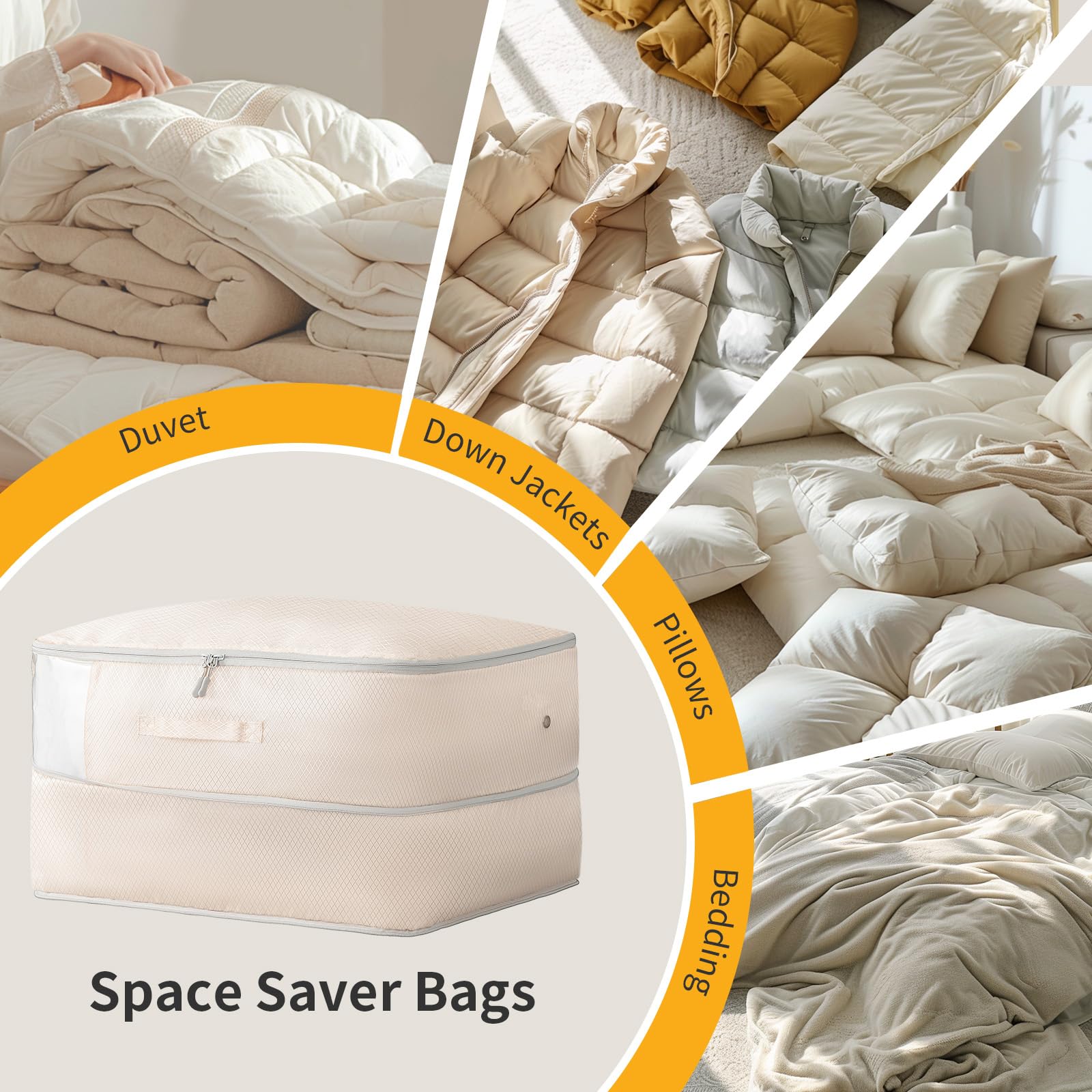 DIMJ Blanket Storage Bag Compression Organizer -3 Pack 198L Ultra Space Saving Self Compression Organizer with Clear Window Washable Compression Bags for Comforters Duvet Bedding, Dorm, Beige