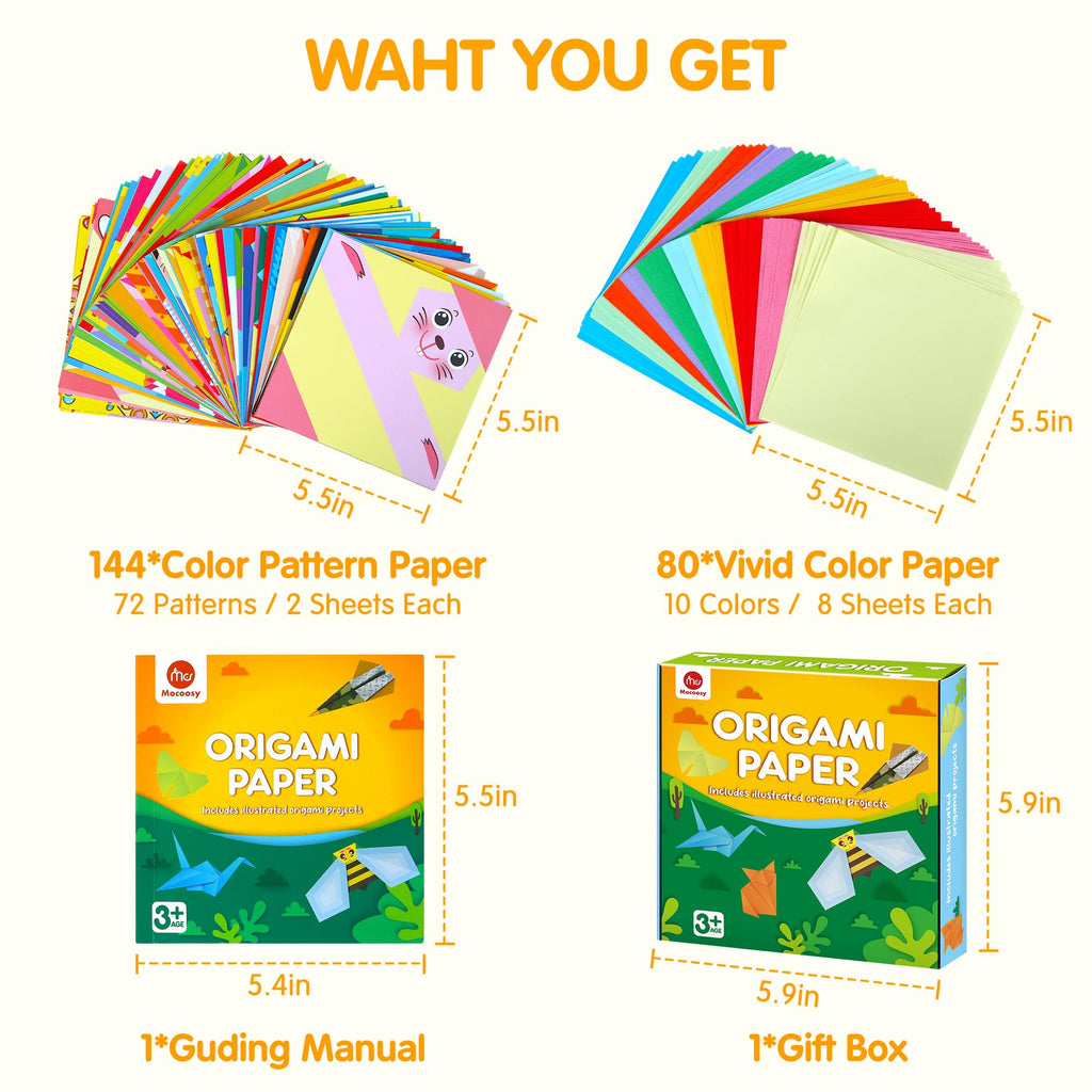 Mocoosy 224 Sheets Origami Paper Kit for Kids Ages 5-8 8-12, Folding Paper Set with Origami Book, Art Craft Supplies Boys Girls 9-12, Travel Game Car Road Trip Activities Easter Basket Stuffer Gifts