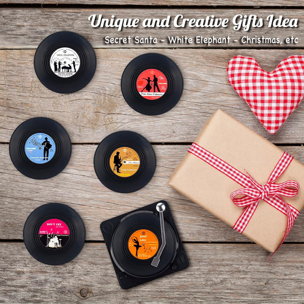 Valdivia Funny Retro Vinyl Record Coasters with Player, 6 Pcs Music Coasters for Drinks, Bars, Cafes, Office, Birthday Gifts for Music Lovers, Home Decor Housewarming and White Elephant Gifts Ideas