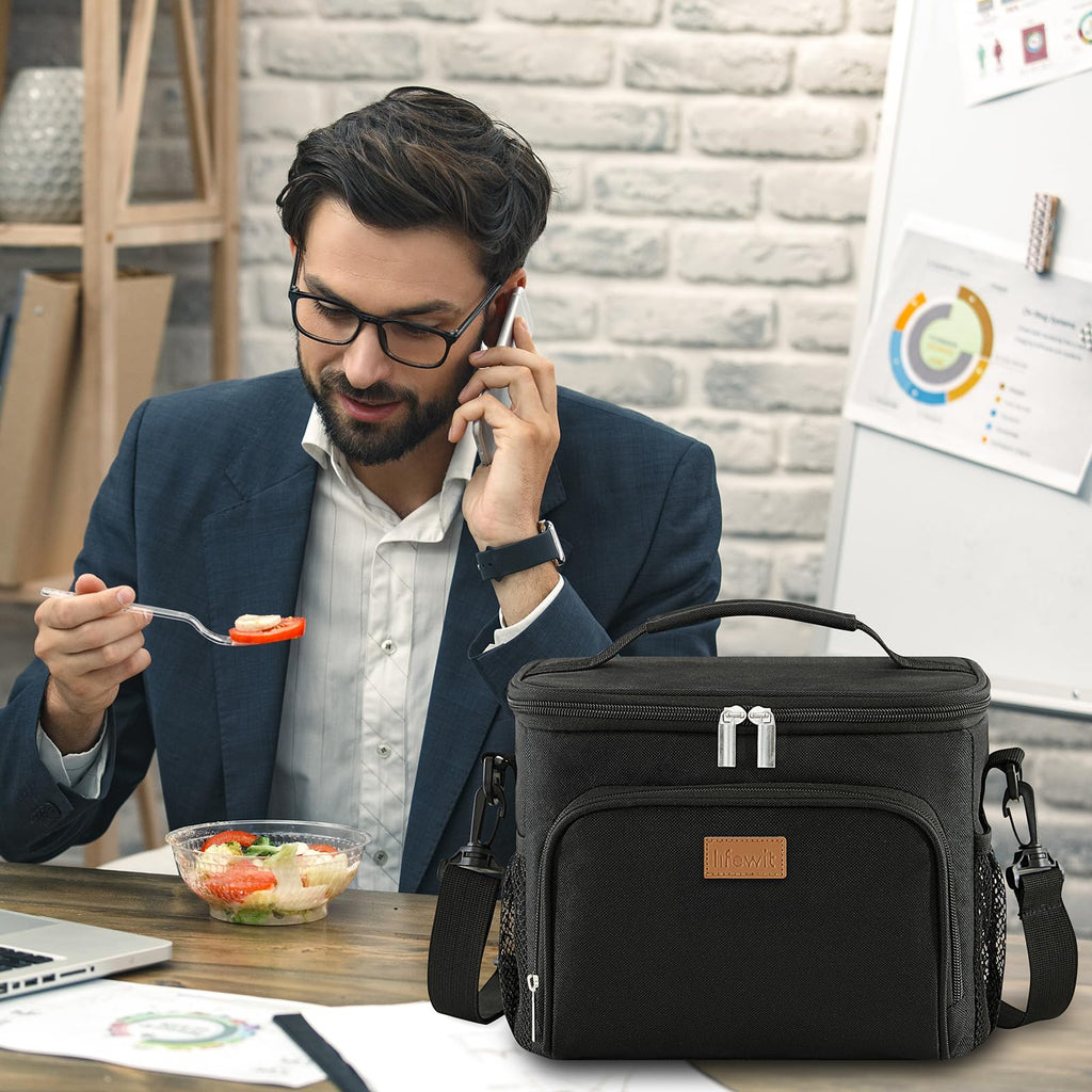 Lifewit Insulated Lunch Bag for Men, Reusable Lunch Box Women, Portable Cooler Freezable Soft Tote Bag Leakproof with Adjustable Shoulder Strap for Adult/Kid for Work/Picnic/School,Black 15L