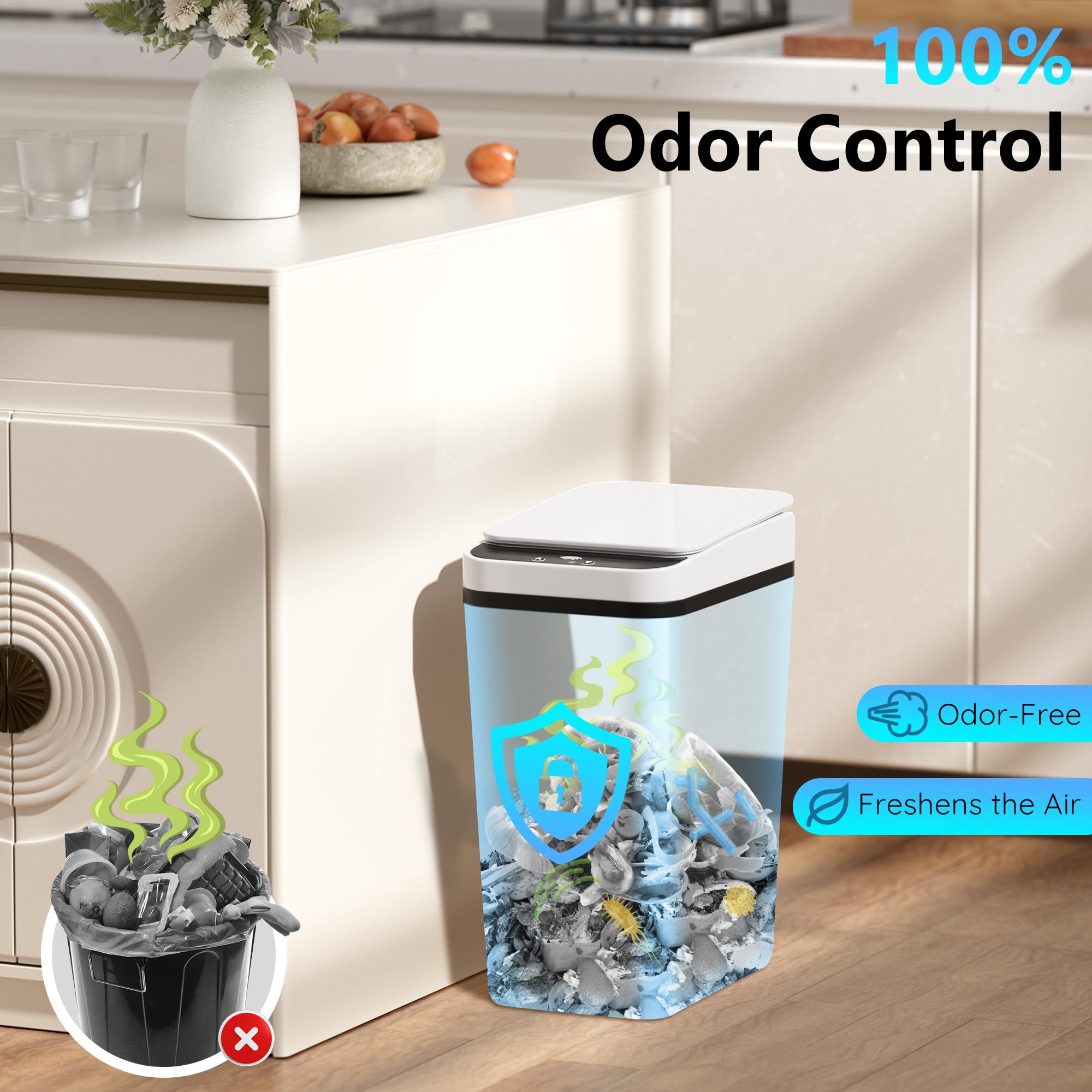Bathroom Trash Can with Lid Touchless Automatic Garbage Can, 2.6 Gallon Slim Waterproof Motion Sensor Smart Trash Can, Small Plastic Trash Bin for Bedroom, Living Room