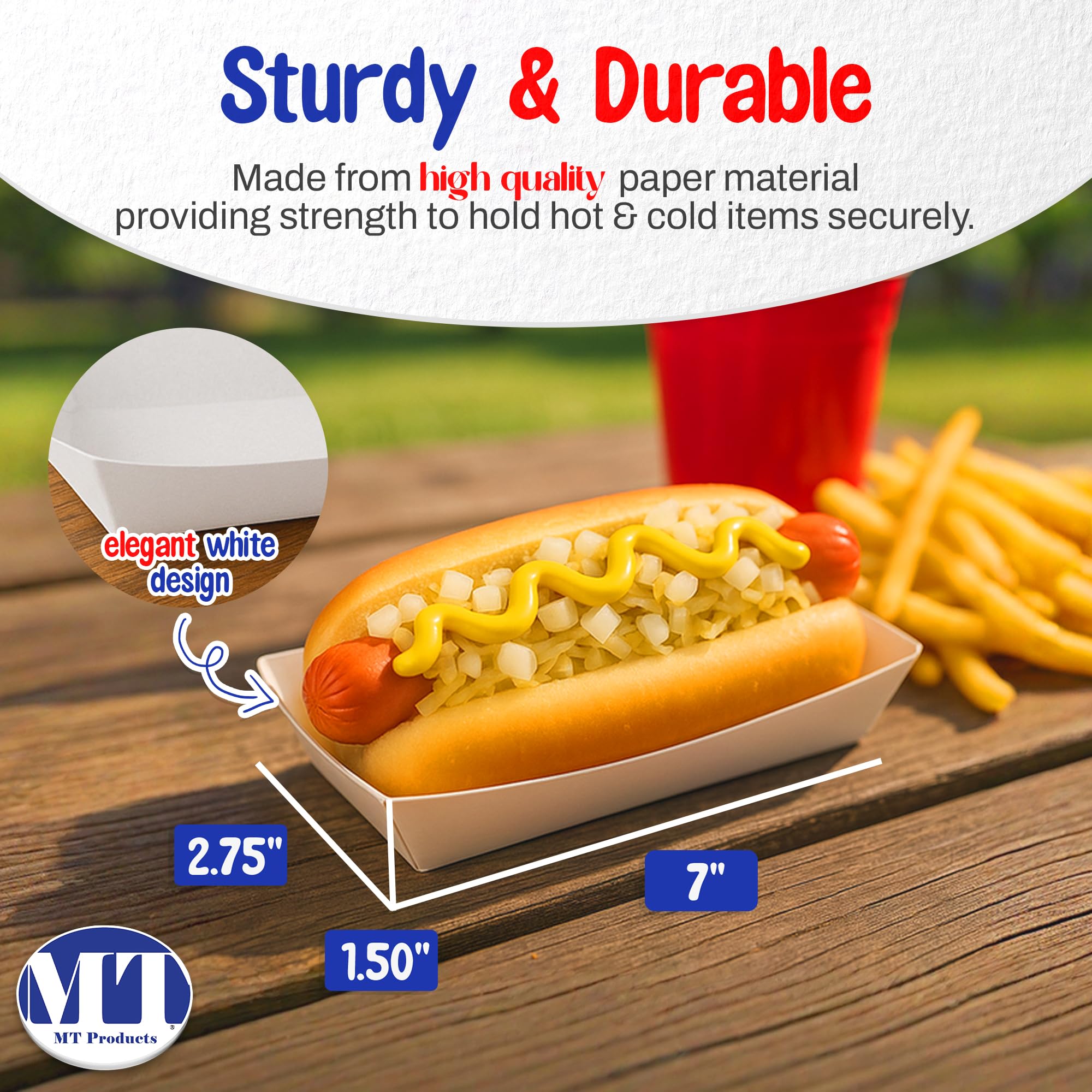 MT Products White Paper Hot Dog Tray/Plate - (Standard Size) Disposable Food Trays (Pack of 50) - Made in the USA