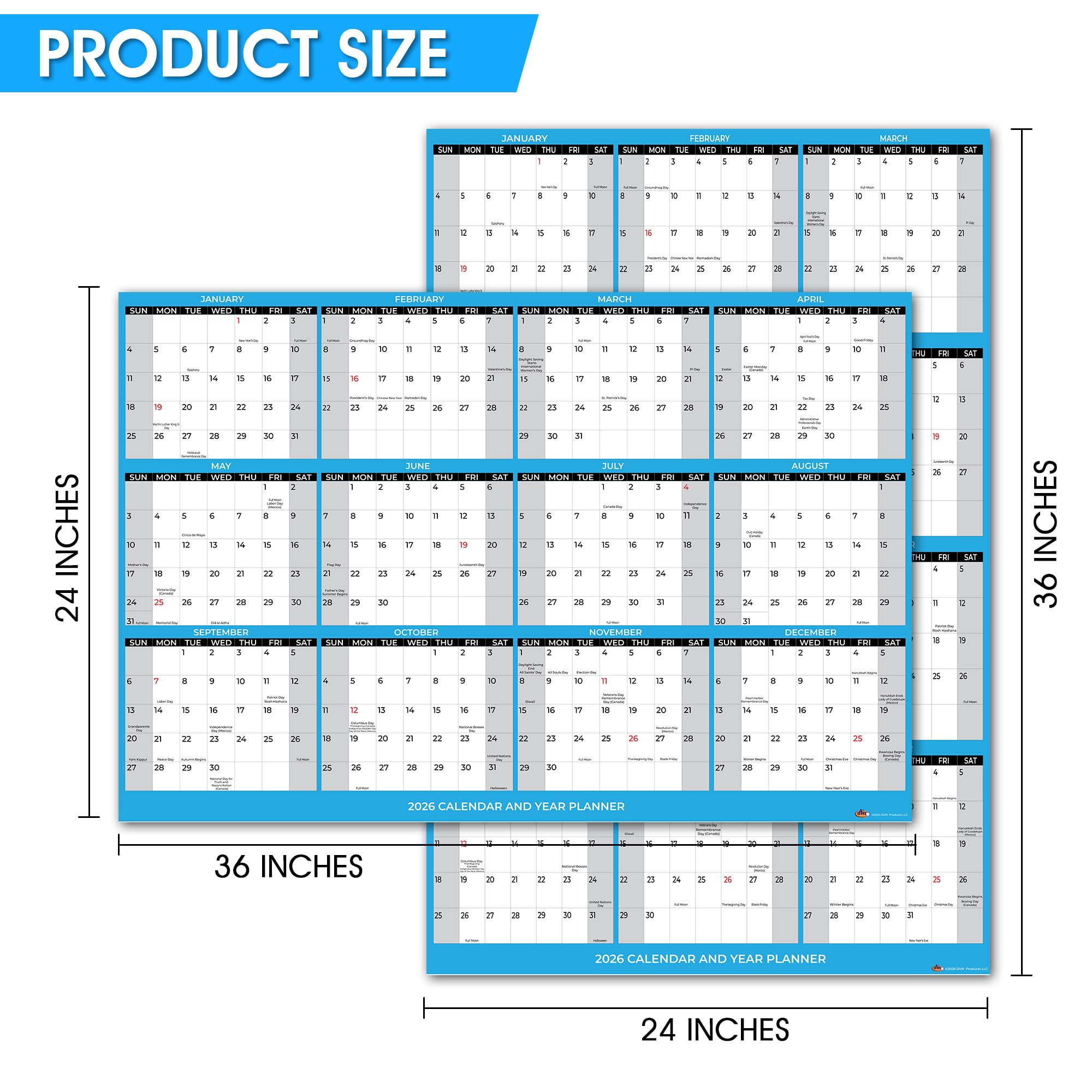 2026 Wall Calendar Large Size 24" x 36", Paper Folded 12 Month Annual Yearly Wall Planner, Reversible, Horizontal/Vertical