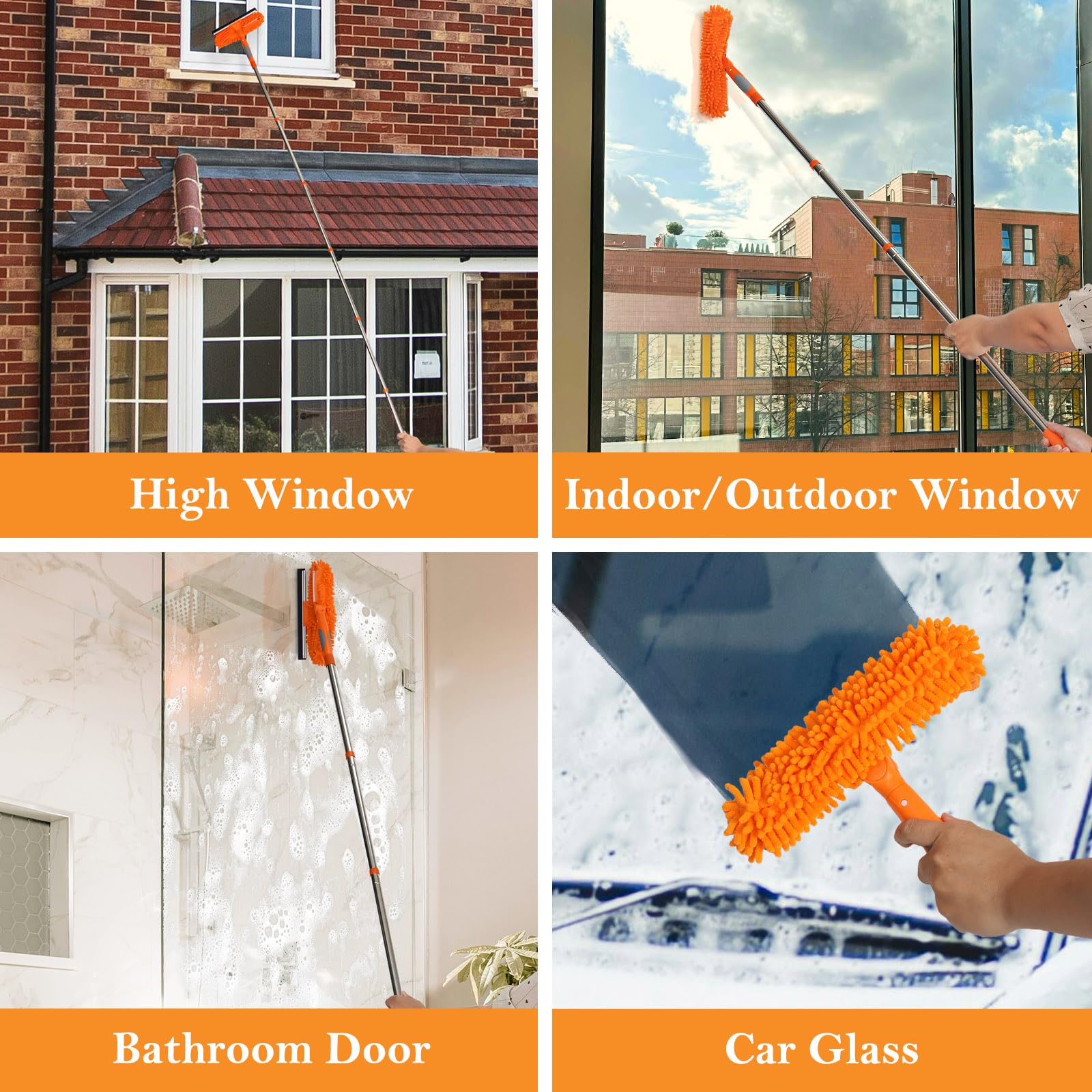 Terafeels 110.23in / 280cm Window Cleaning Tools, 2 Window Squeegees and 3 Cleaning Cloths : 2 in 1 Double-Sided Professional Cleaner with Extension Pole Cleaning Supplies (Orange)