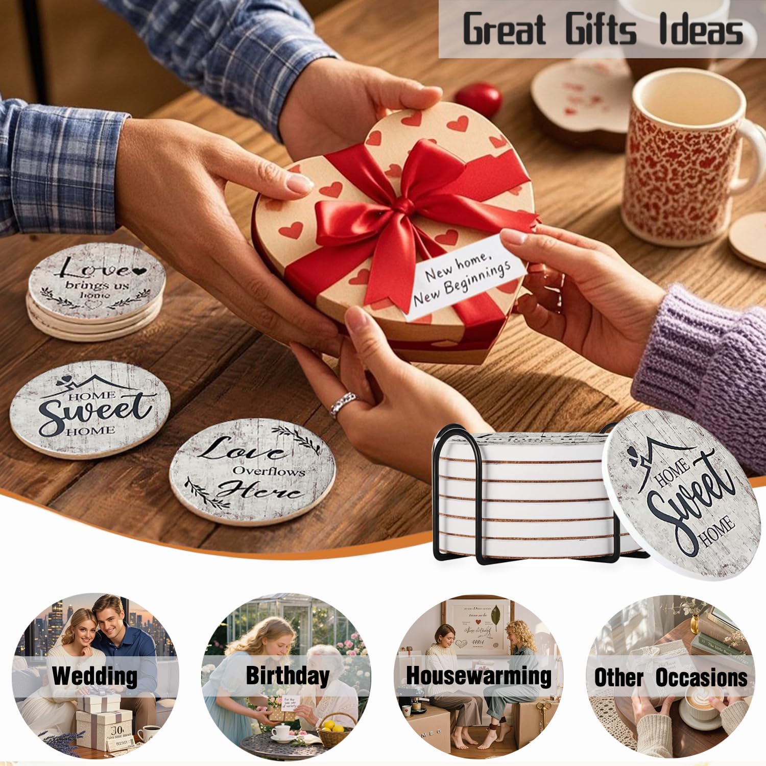 Valdivia 6 Pcs Ceramic Drink Coasters with Blessing Verses, White Marble Style Absorbent Stone Cork Base - 4 Inches Coasters & Metal Holder for Coffee Table, Home Decor Housewarming Gifts