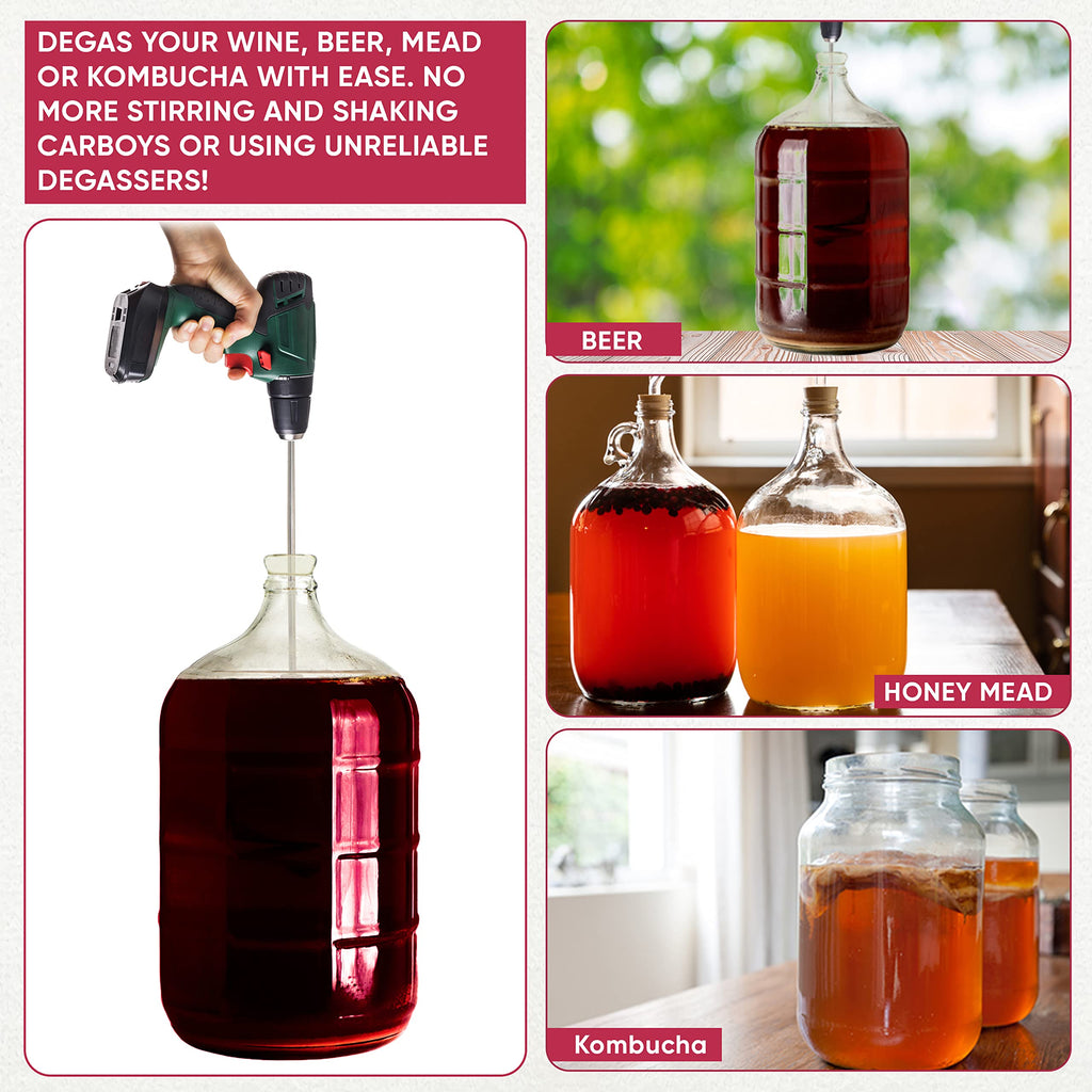 Wine Beer Degassing Stirrer for Wine Making 17.5” Stainless Steel 316 Drill Mixer Rod Attachment Wand w/Paddles | Winemaking, Brewing, Mead, Kombucha Supplies | Mixing De-gasser Agitator Tool