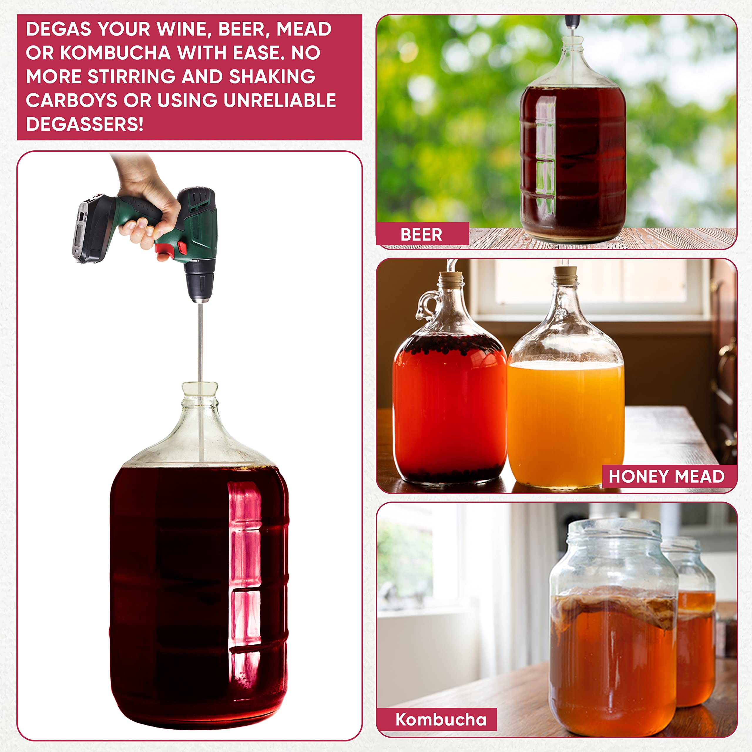Wine Beer Degassing Stirrer for Wine Making 17.5” Stainless Steel 316 Drill Mixer Rod Attachment Wand w/Paddles | Winemaking, Brewing, Mead, Kombucha Supplies | Mixing De-gasser Agitator Tool