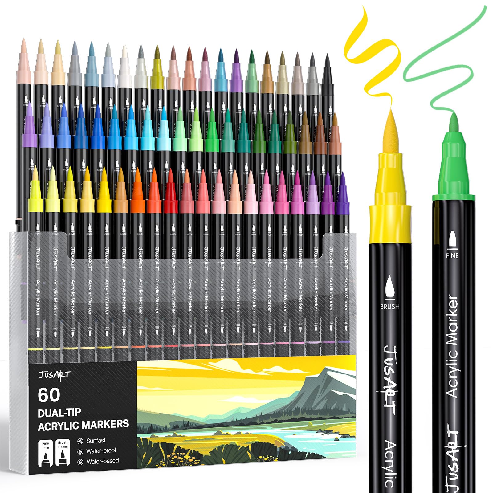 JusArt 60 Colors Dual Tip Acrylic Paint Pens Markers, Brush and Fine Tip, Premium Paint Pens for Wood, Canvas, Egg, Stone, Fabric, Rocks, Metal, Glass, Ceramic, Art Supplies for Adult