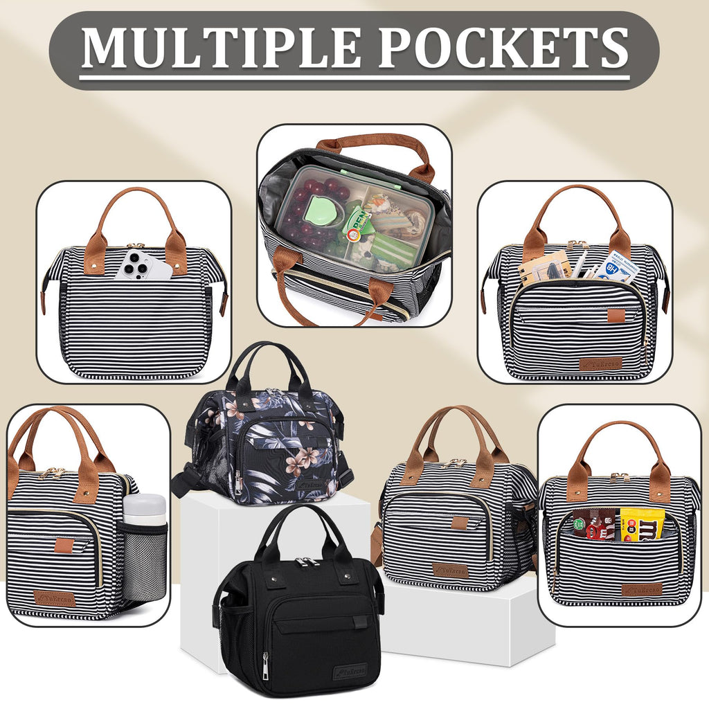 Black Lunch Bags for Women, Sac a Lunch Femme High Capacity Insulated Lunch Box for Work, Portable Lightweight Soft Cooler for Picnic Travel Road Trips
