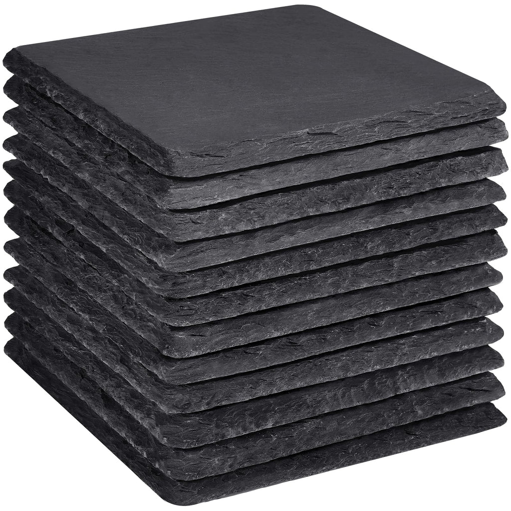 Slate Coasters, MAPRIAL 4 Inch 12 Pieces Square Rustic Black Stone Coasters Set for Drinks with Anti-Scratch Backing for Bar, Table, Kitchen, Housewarming Gifts, Home, Decor