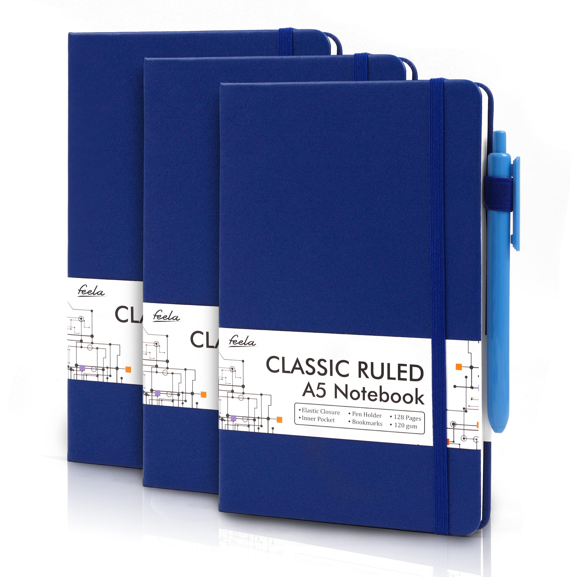 3 Pack Notebooks Journals Bulk with 3 Black Pens, Feela A5 Hardcover Notebook Classic Ruled Lined Journal Set with Pen Holder for Work Business Journaling Note Taking, 120 GSM, 5.1”x8.3”, Navy