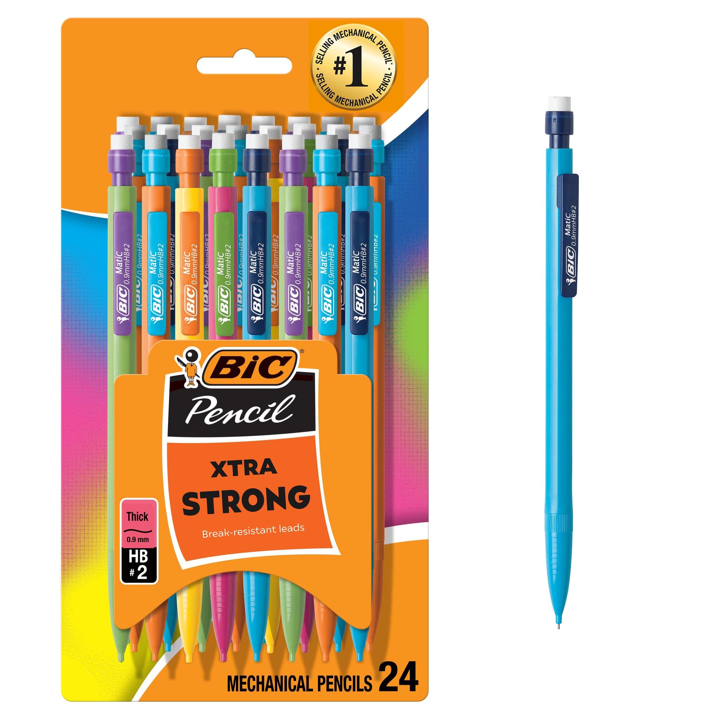 BIC Pencil Xtra Strong (colorful barrels), Thick Point (0.9 mm), 24-Count