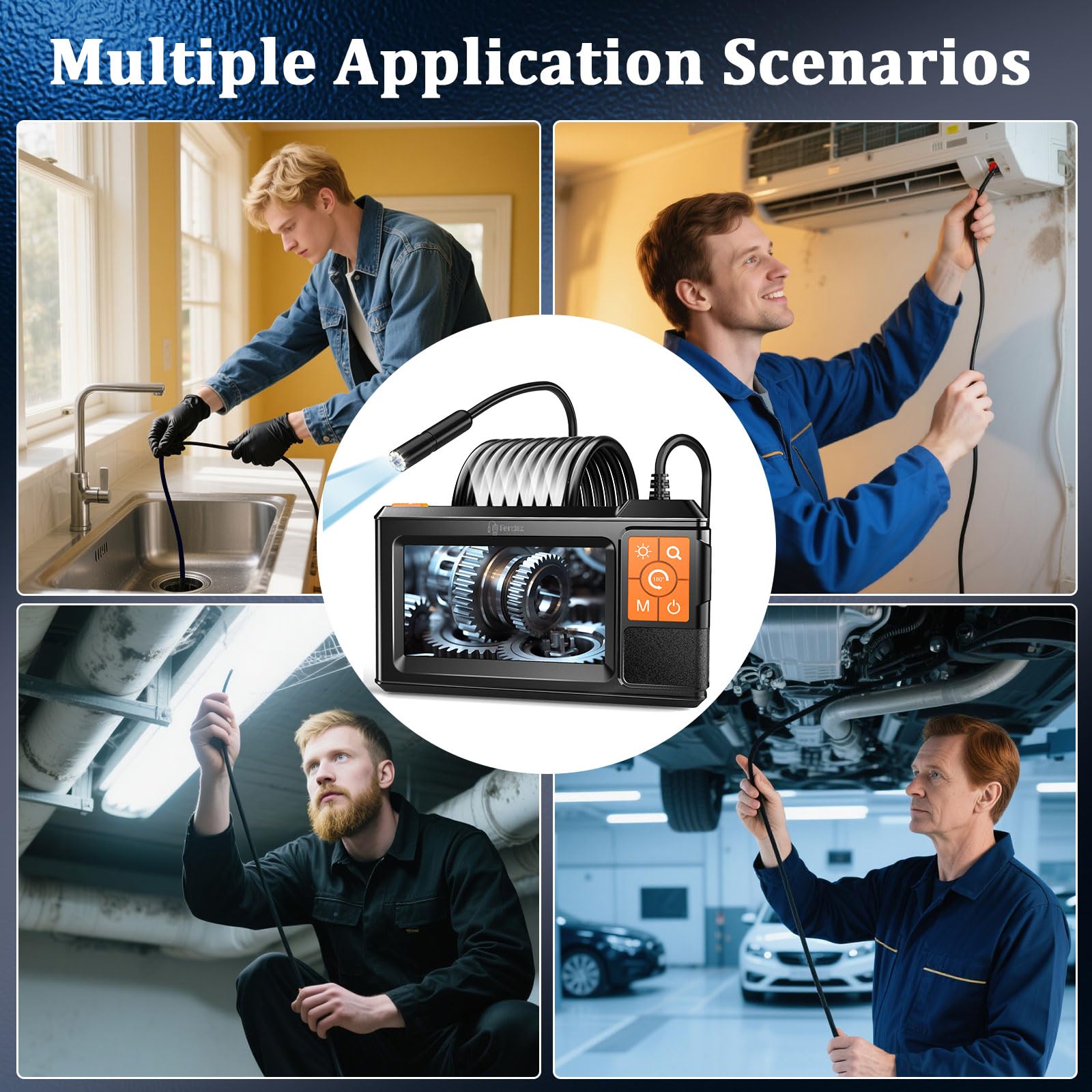 Endoscope Camera with Light, Ferdiiz 1080P HD Borescope with 4.3" IPS Screen, IP67 Waterproof Inspection Camera 8 Adjustable LED Lights, Flexible Endoscopic Camera-16.5FT 5M Semi-Rigid Cable