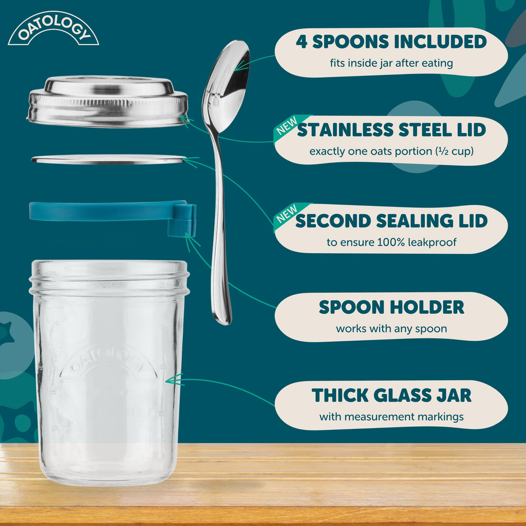 OATOLOGY Glass Overnight Oats Jar Container | Unique Leakproof Stainless Steel Lids, Spoon, Thick Glass | Breakfast Pots Mason Jars for Chia Pudding Granola Yoghurt Porridge Cereal On-the-Go | 4 pack