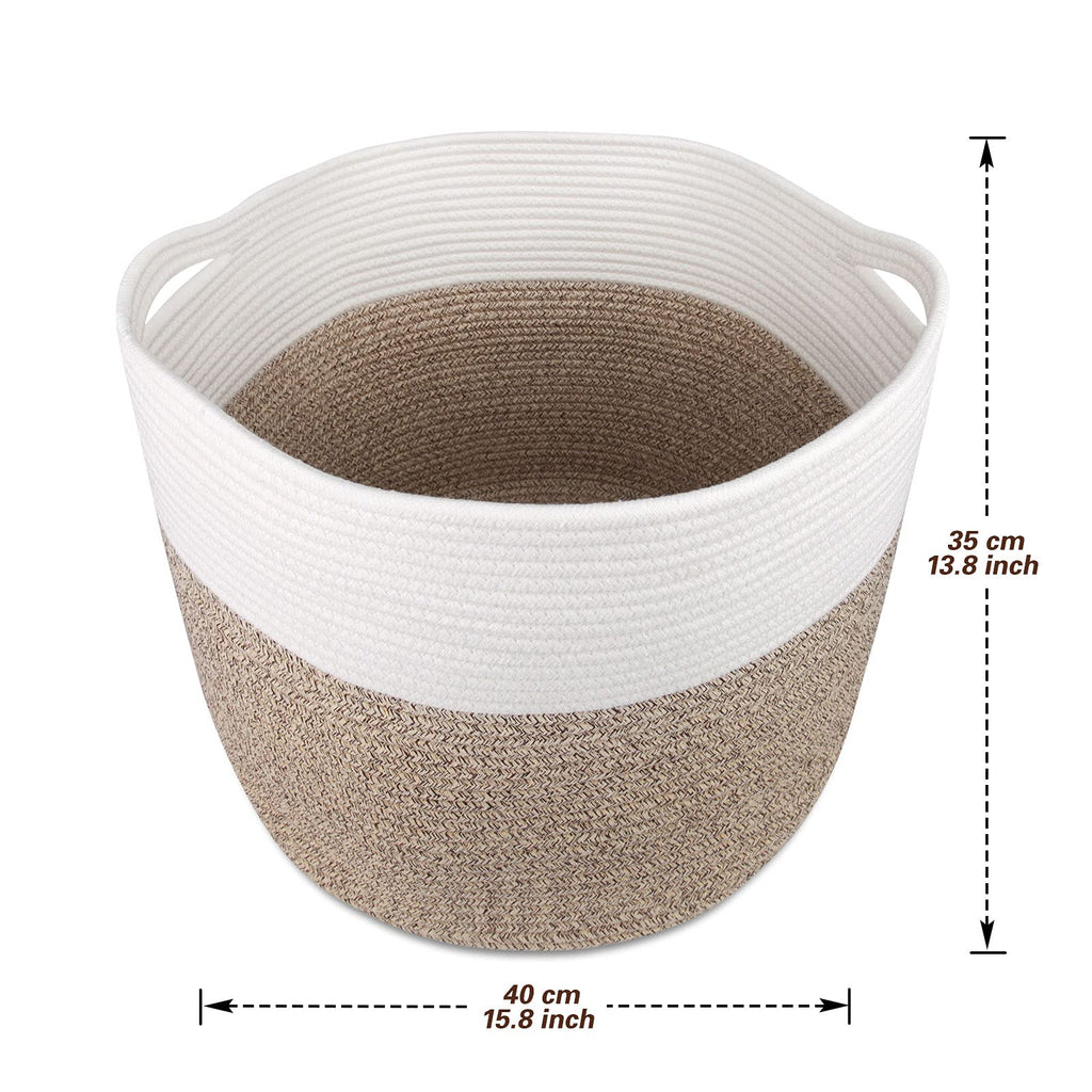 MicroIdeas Large Woven Basket 15.8x13.8in, Cotton Rope Baskets living room, Laundry Basket, Toy Bin, Decorative Round Baskets Storage Organization for Blanket Throw Decor - White Brown