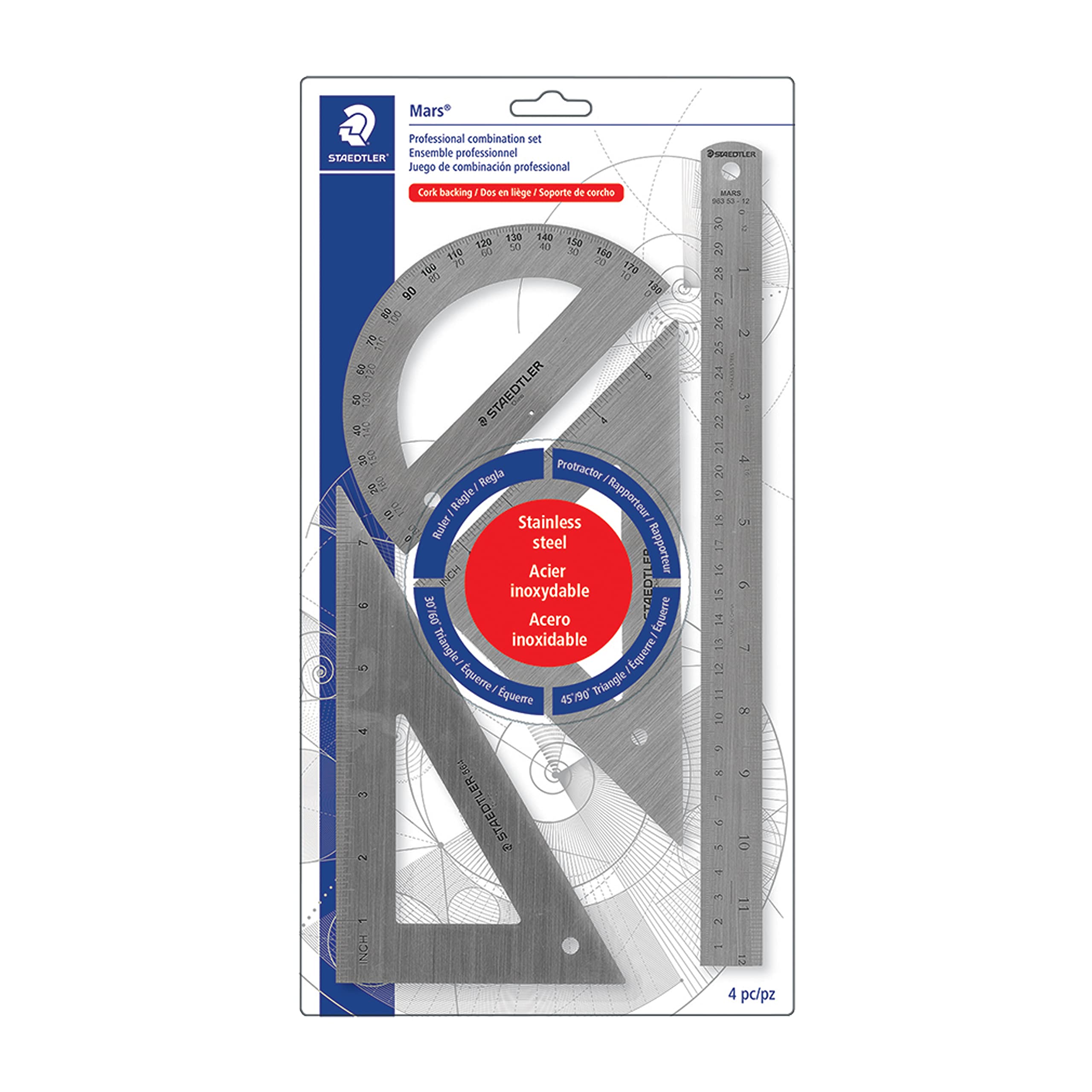 STAEDTLER Stainless Steel Math Set - With 12in Ruler, 2 Triangle Set Squares (45/90° & 30/60°), 6in Protractor - Precision Drawing & Drafting