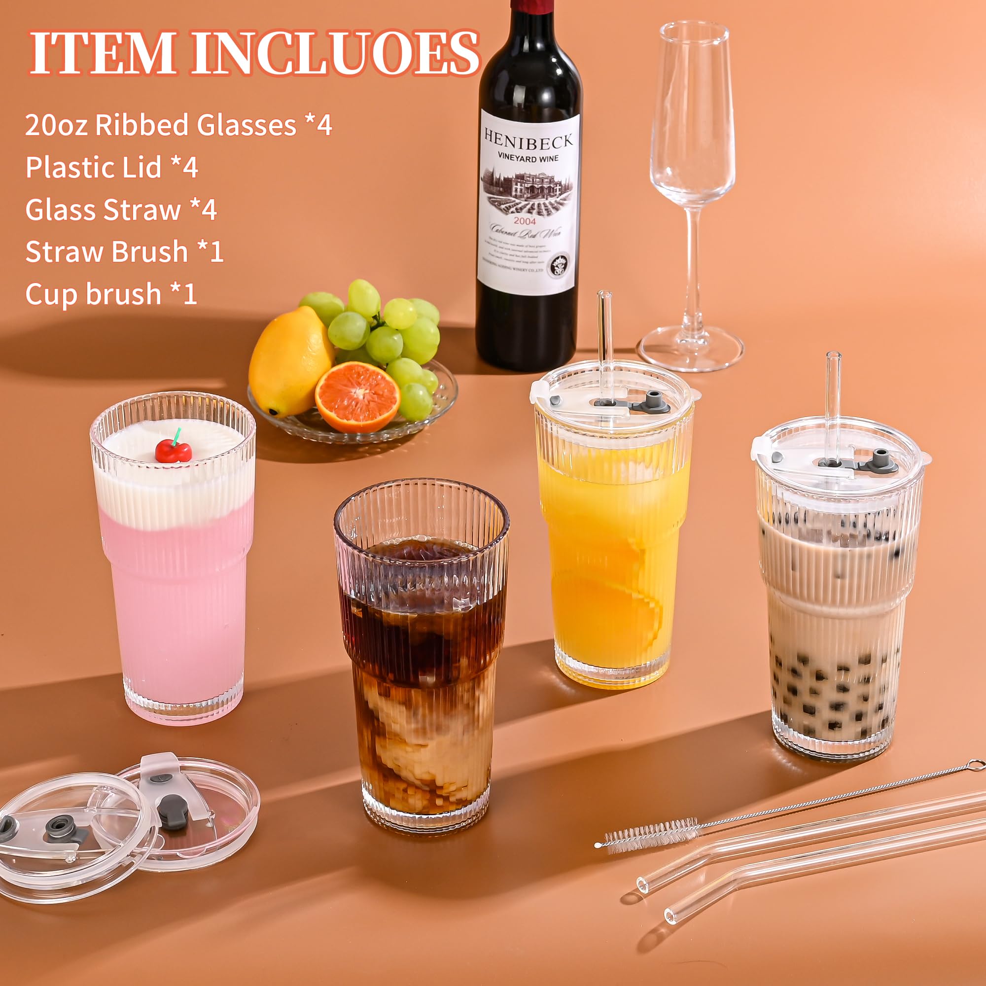 AMYOOLE 20 oz Ribbed Glass Tumblers with Lids and Straws,Clear Drinking Glasses Set of 4,Reusable Vintage Iced Coffee Cups,Leak Proof Thick Glass Cups for Juice,Cocktail,Smoothie,Beer,Boba