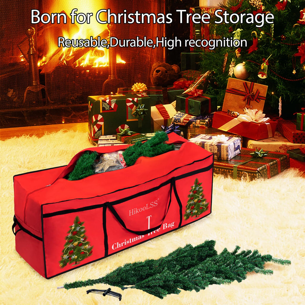 HikooLSS Christmas Tree Bags Storage 7.5 Ft Large Christmas Tree Storage Bag,Reusable Heavy Duty 600D Oxford Christmas Tree Box/Container for Big Artificial/Holiday Trees Red(60X18X25in)