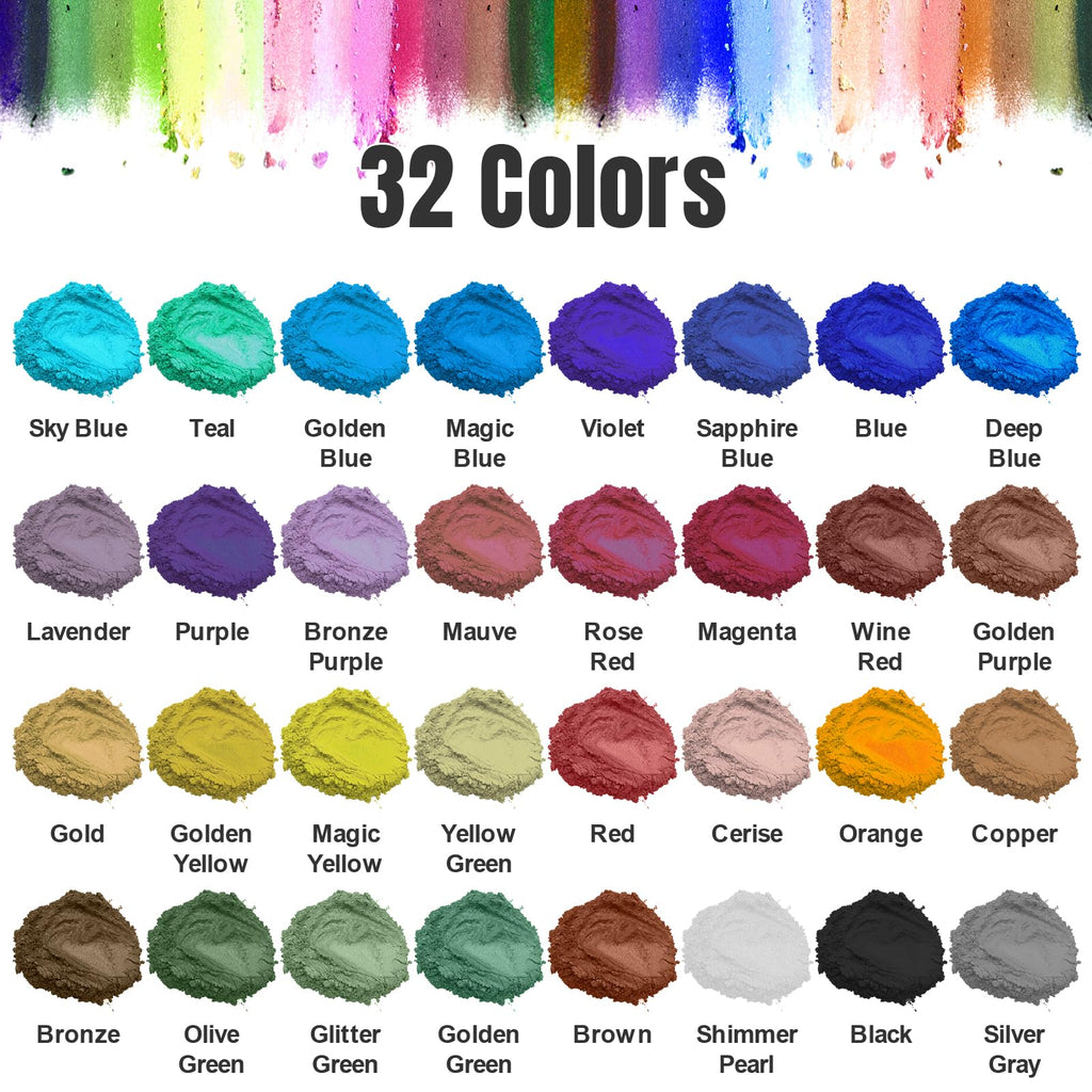 Roizefar Mica Powder - 32 Colors x 5 g Pearlescent Resin Color Pigment - Glitter Mica Powder for Epoxy Resin, Soap Paint, Resin Dye, Candle Making, Bath Bombs, Slime
