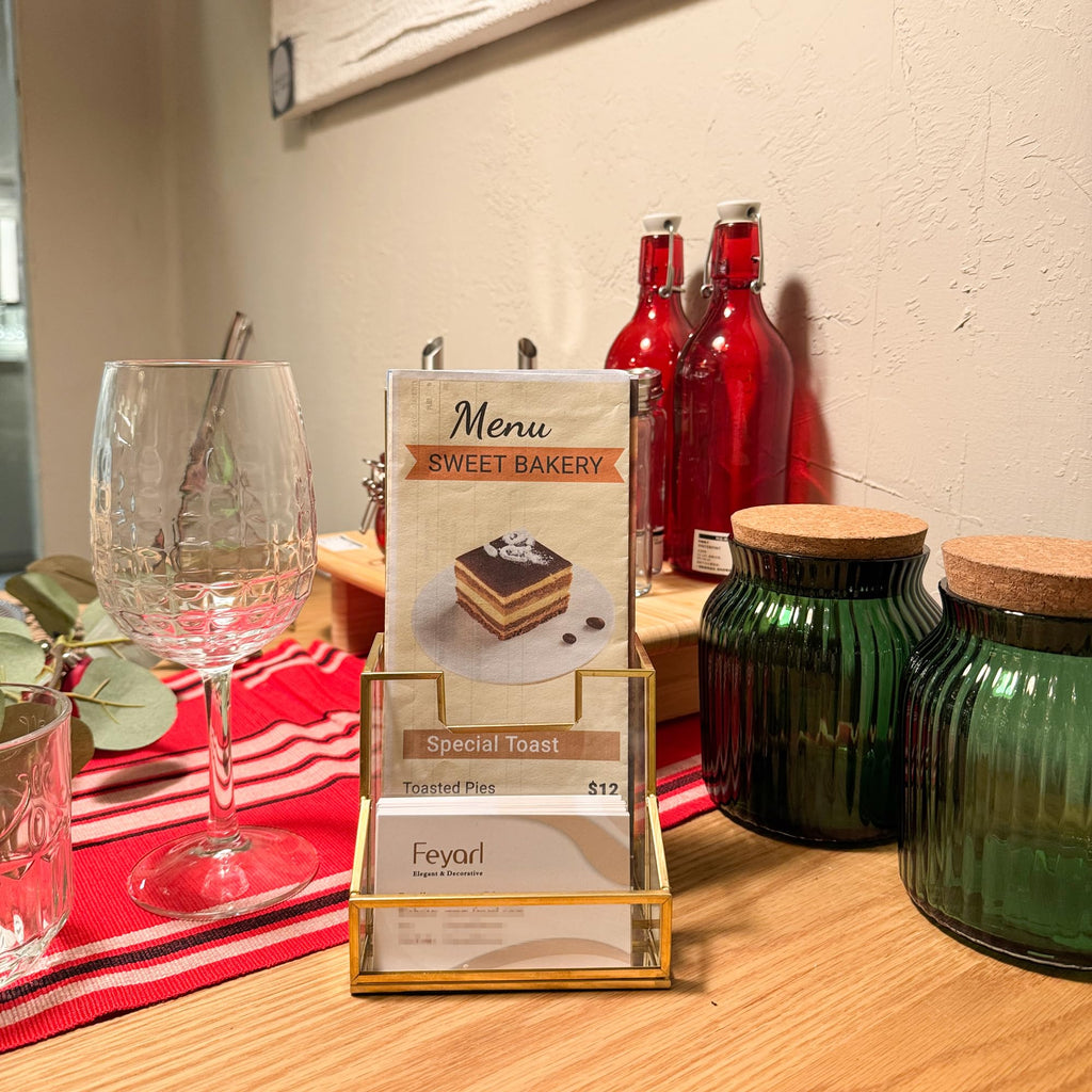Feyarl Gold Glass Brochure Holder Pamphlets Cards Literature Holder Flyer for 4" Trifold Holder Glass Display Stand with Business Card Holder for Brochures Magazines Literatures Display