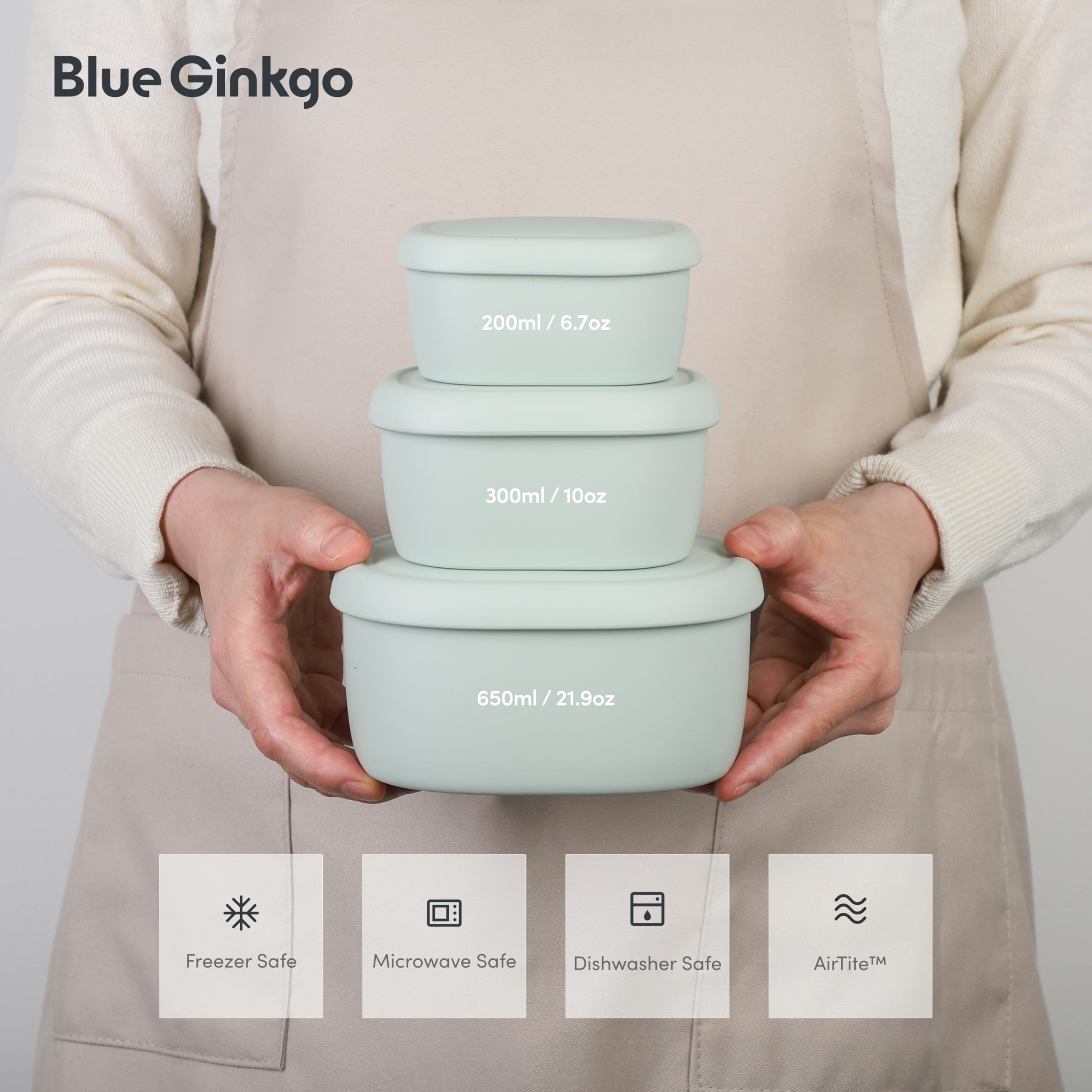 BLUE GINKGO Nesting Silicone Containers - Set of 3 Silicone Food Storage Containers | Made in Korea, BPA Free, Airtight, Dishwasher and Freezer Safe (200ml, 300ml, 600 ml) - Green