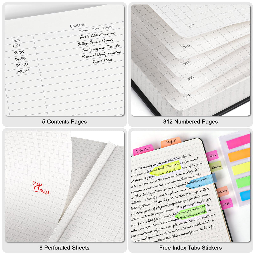 Graph Paper Notebook, 312 Numbered Pages Large A5 Hardcover Leather Journal, 100gsm No Bleed Grid Paper Notebook with Index Pages, Grid Notebook for Graphing Notes Math, 5.75" x 8.38", Green