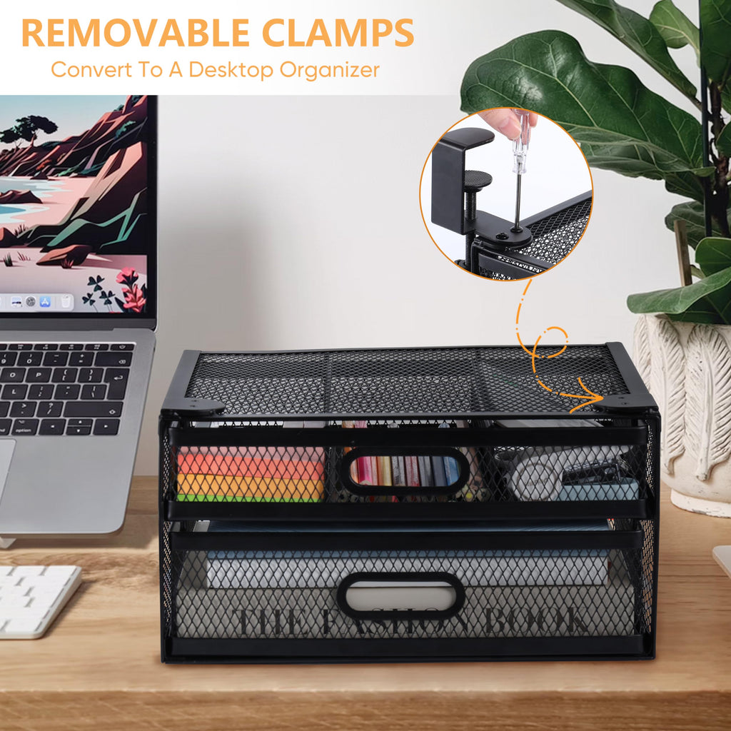 ROLIZOE Under Desk Drawer Organizer Clamp On with 2 Drawers Slide Out No Drilling Mesh Metal Drawer On Desktop Or Under Desk Storage Easy Install Anti-Slip Under Shelf Storage for Home & Office