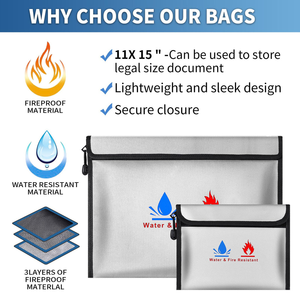 Fireproof Document Bag, Fireproof Money Safe 15 x 11 in & 9 x 7 in Set Non-Itchy Silicone Coated Fire Resistant Bag Fireproof Safe Storage for Money, Documents, Jewelry and Passport